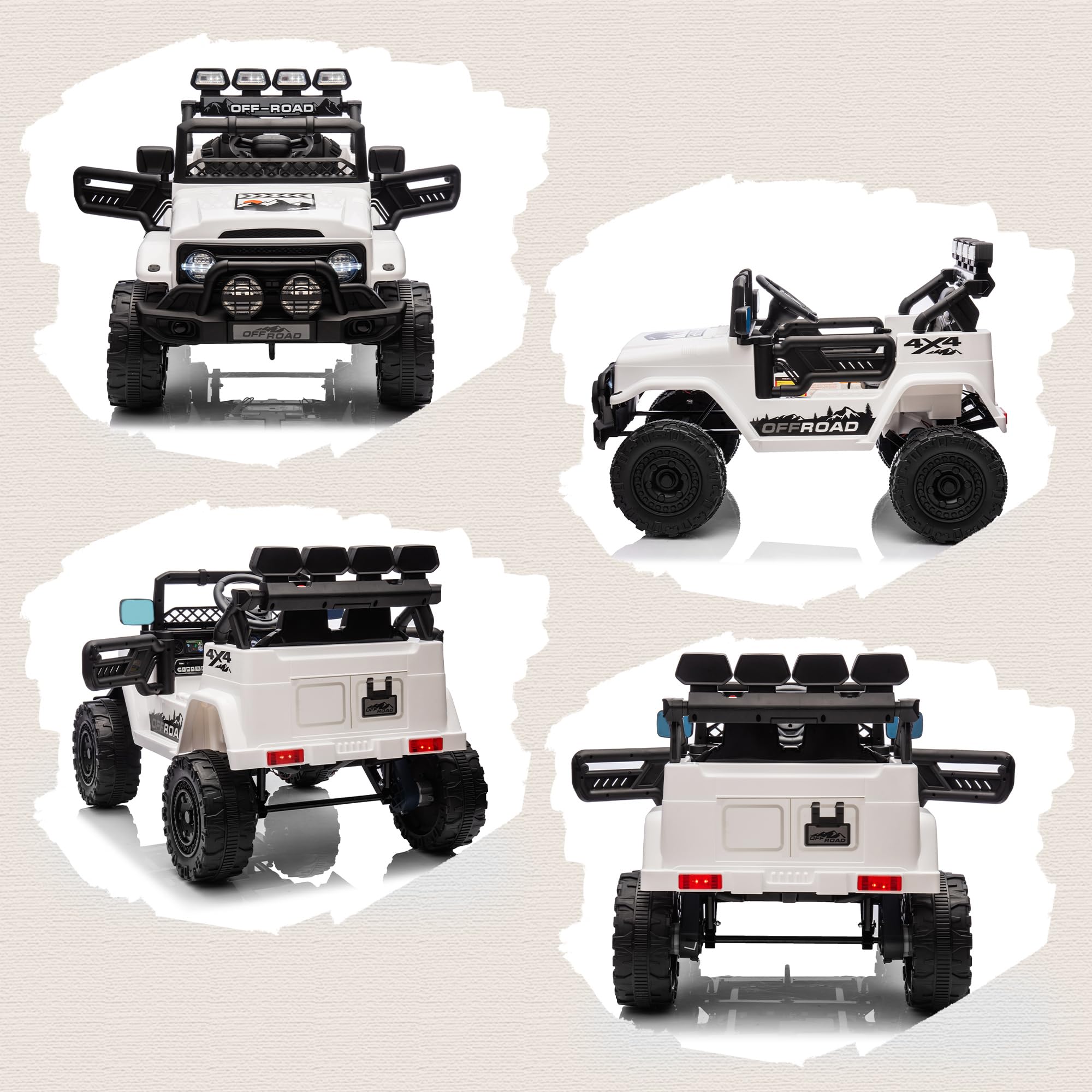 AIYAPLAY Macchina Elettrica per Bambini 3-5 Anni, 12V Fuoristrada Auto Elettrica per Bambini con 2 Motori, Sospensioni, Telecomando, USB, Musica, Wireless, Cintura, Fari e Clacson, 3-5 km/h, Bianco