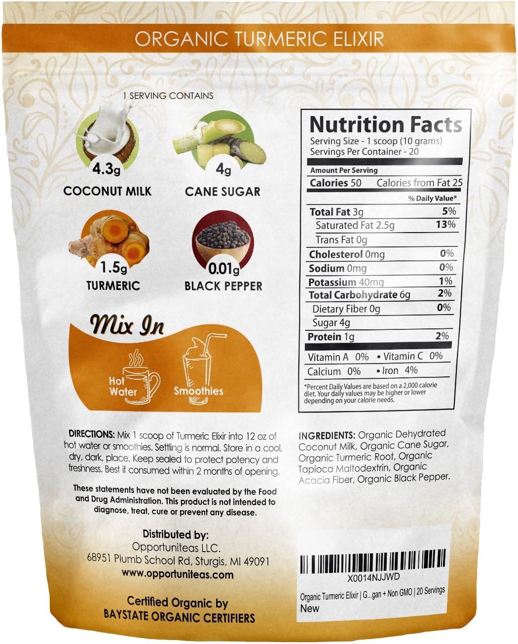 Organic Turmeric Elixir: Golden Milk Powder Joint Support Supplement. Non GMO, Vegan, Gluten Free & 20 Servings