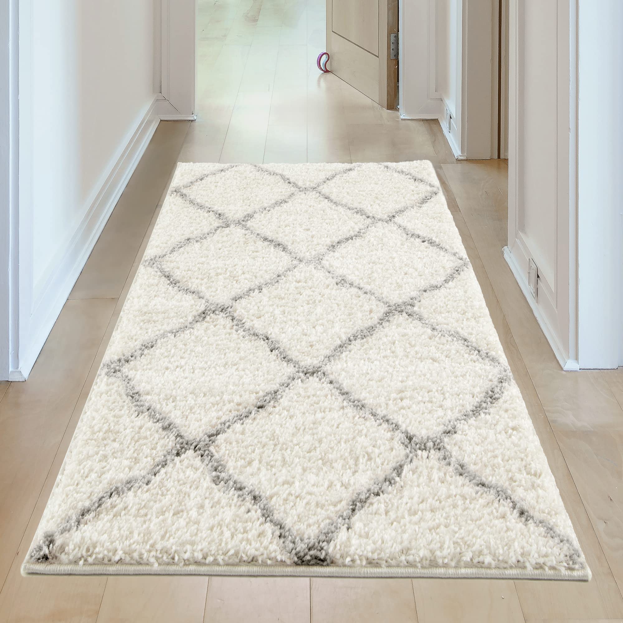 THE RUGS Shaggy Rug, Modern Moroccan Design Rugs for Living Room Bedroom, Hallway, 3 cm Thick Area Rugs, (Moroccan Ivory/Grey - Image 2