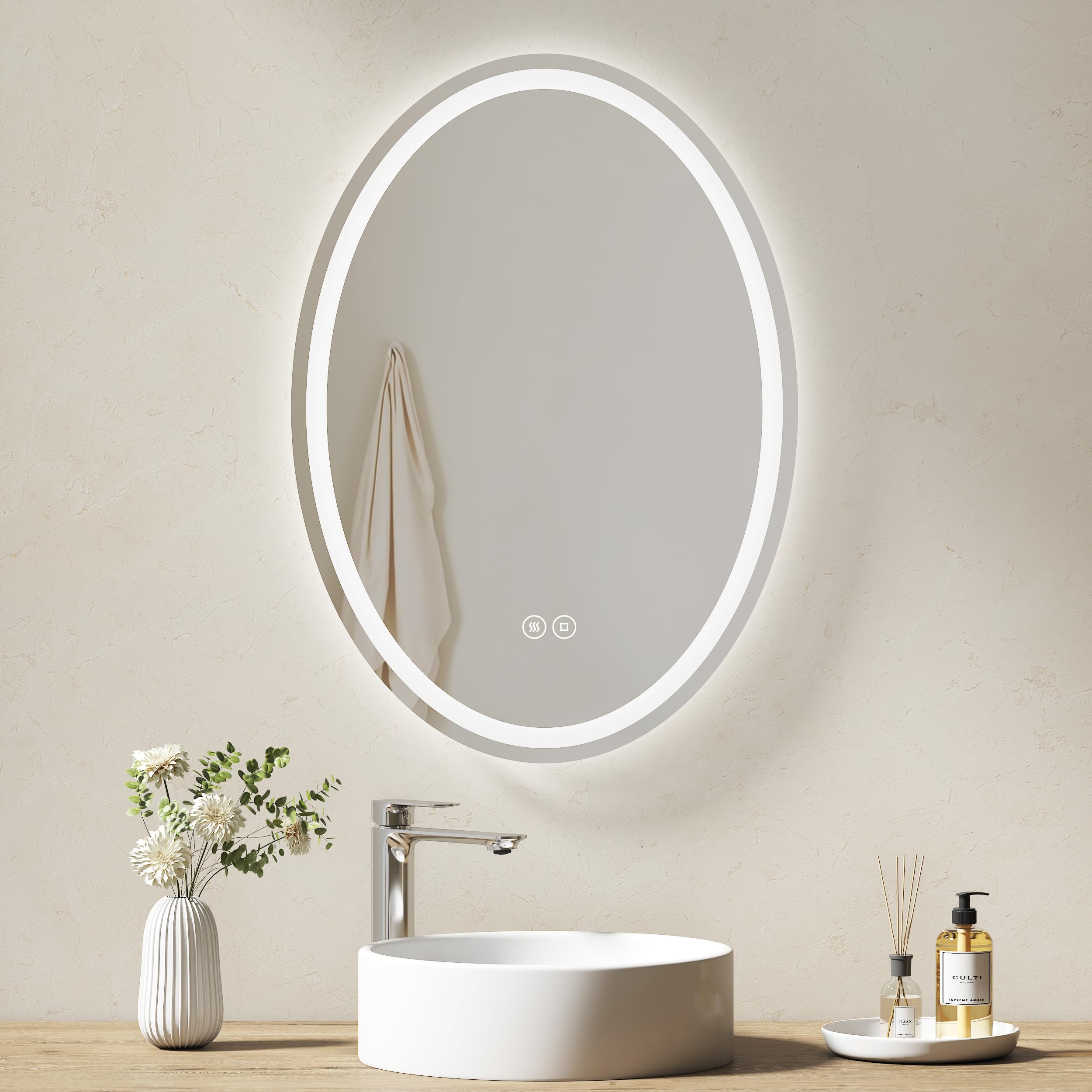 EMKE Lustro łazienkowe LED 50 x 70 cm, owalne lustro z 3 ściemnianymi kolorami światła, przeciwmgielne, funkcja pamięci, dotykowe IP44. Lustro łazienkowe z oświetleniem poziomym/pionowym
