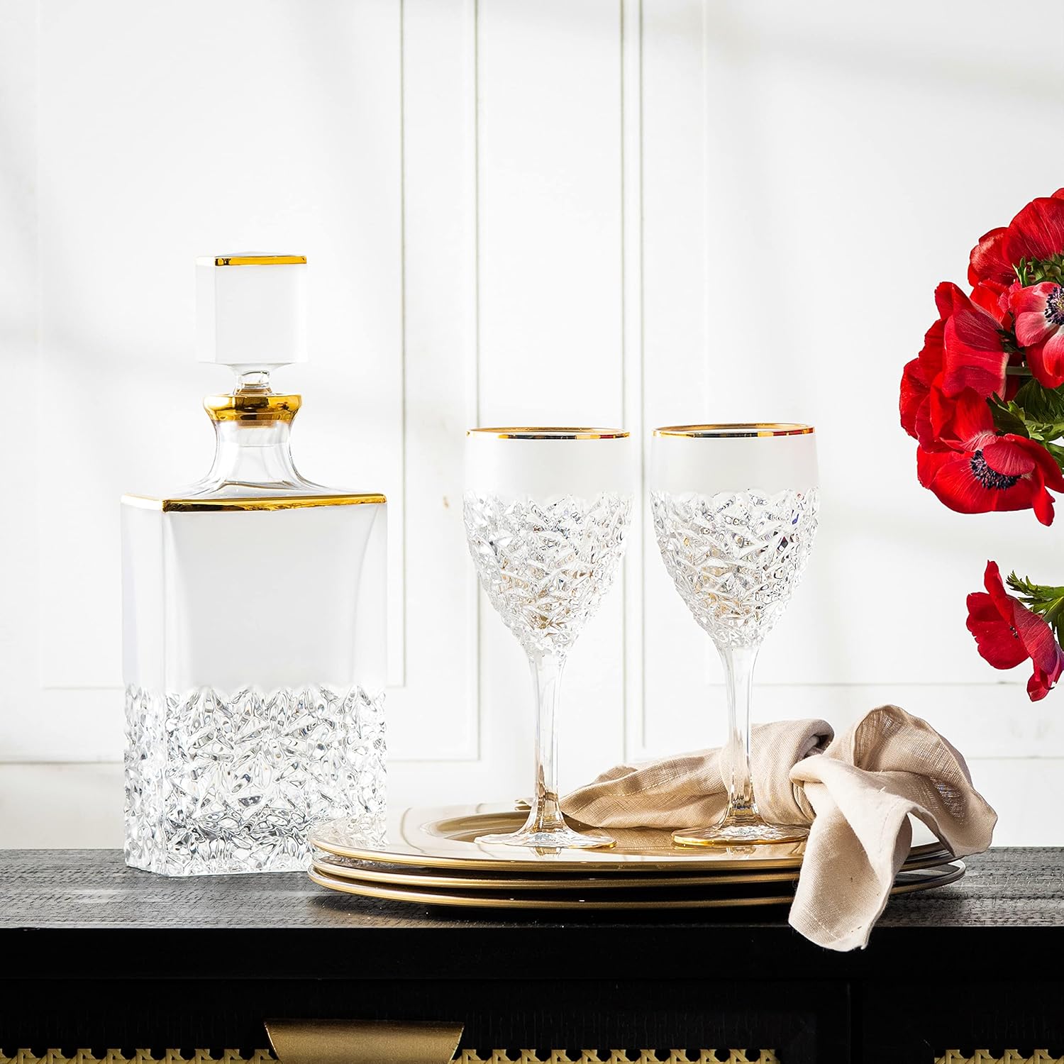 Barski Goblet - Wine Glass - Water Glasses - Crystal - Set of 6 - Stemmed Glasses - Red or White Wine - Raindrop Design with Gold Rim - 12 oz Made in Europe