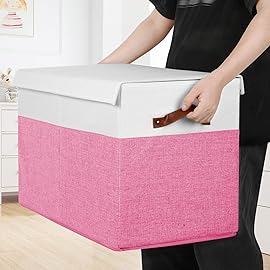 Gowee Large Toy Box with Lid, Sturdy Toy Storage Chest Bin Boxes Organizer Basket with Dividers for Toddlers, Kids, Boys, Girls, Nursery, Closet, Bedroom, Playroom 25x13 x16 (Pink and White)