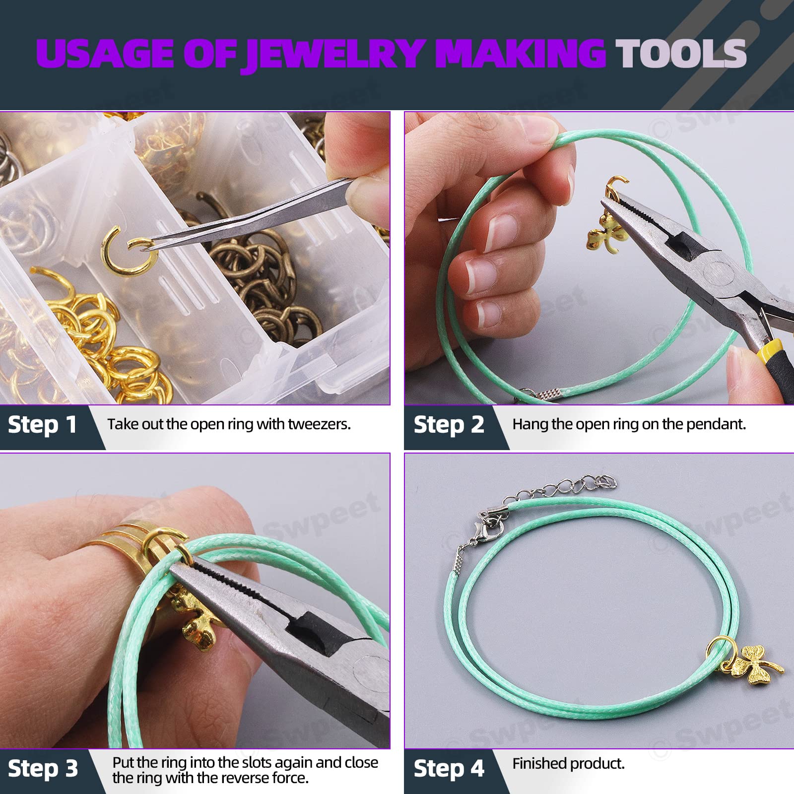 Swpeet Lot De 2 724 Anneaux Ouverts De 4 Mm, 5 Mm, 6 Mm, 8 Mm, 10 Mm, Fermoirs Mousquetons Avec Kit D'outils De Réparation De Bijoux, Y Compris Cordons Cirés, Fermoirs