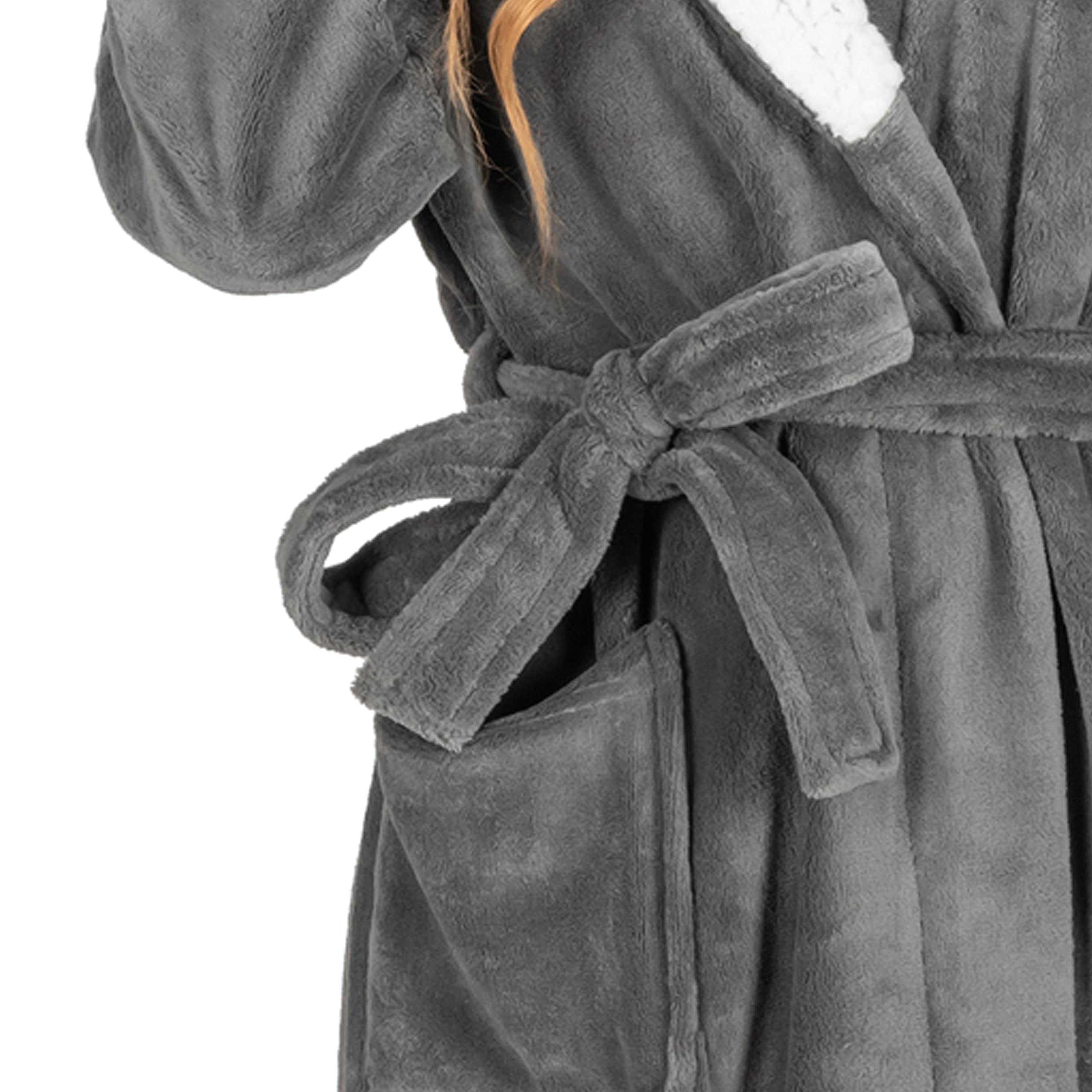 MONHOUSE Womens Dressing Gown - Premium Super Soft & Cosy Long Bathrobe - Ladies Thick Flannel Luxury Housecoat - Warm Fluffy Shearling Sherpa Spa Robe for Her - Dark Grey Sherpa UK 8-10