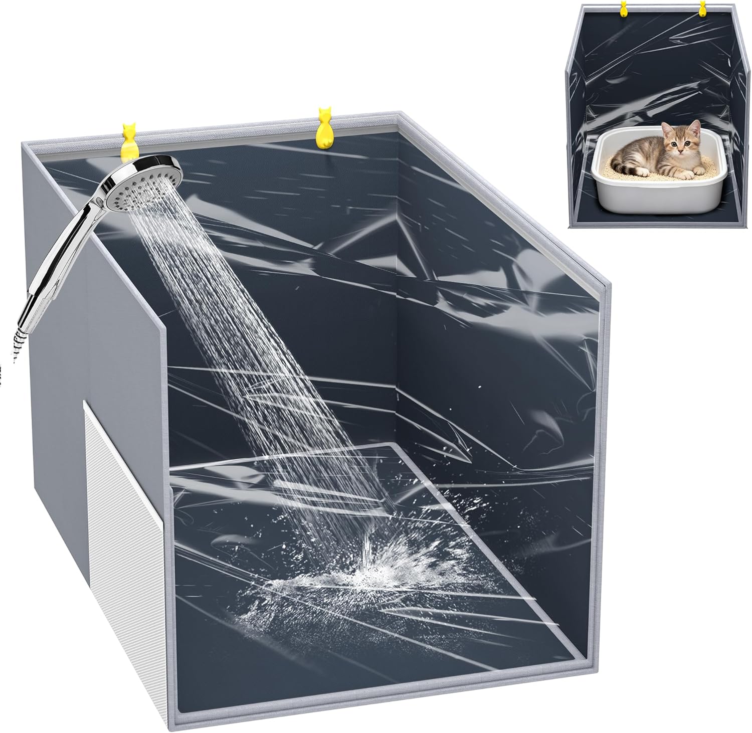 Aokeyee Cat Litter Box Enclosure Splash Guard, High Side All-Inclusive Waterproof, Gray Foldable Pet Litter Box Shield with 2 Hooks, Anti-Leakage, Dust Control, Easy to Clean