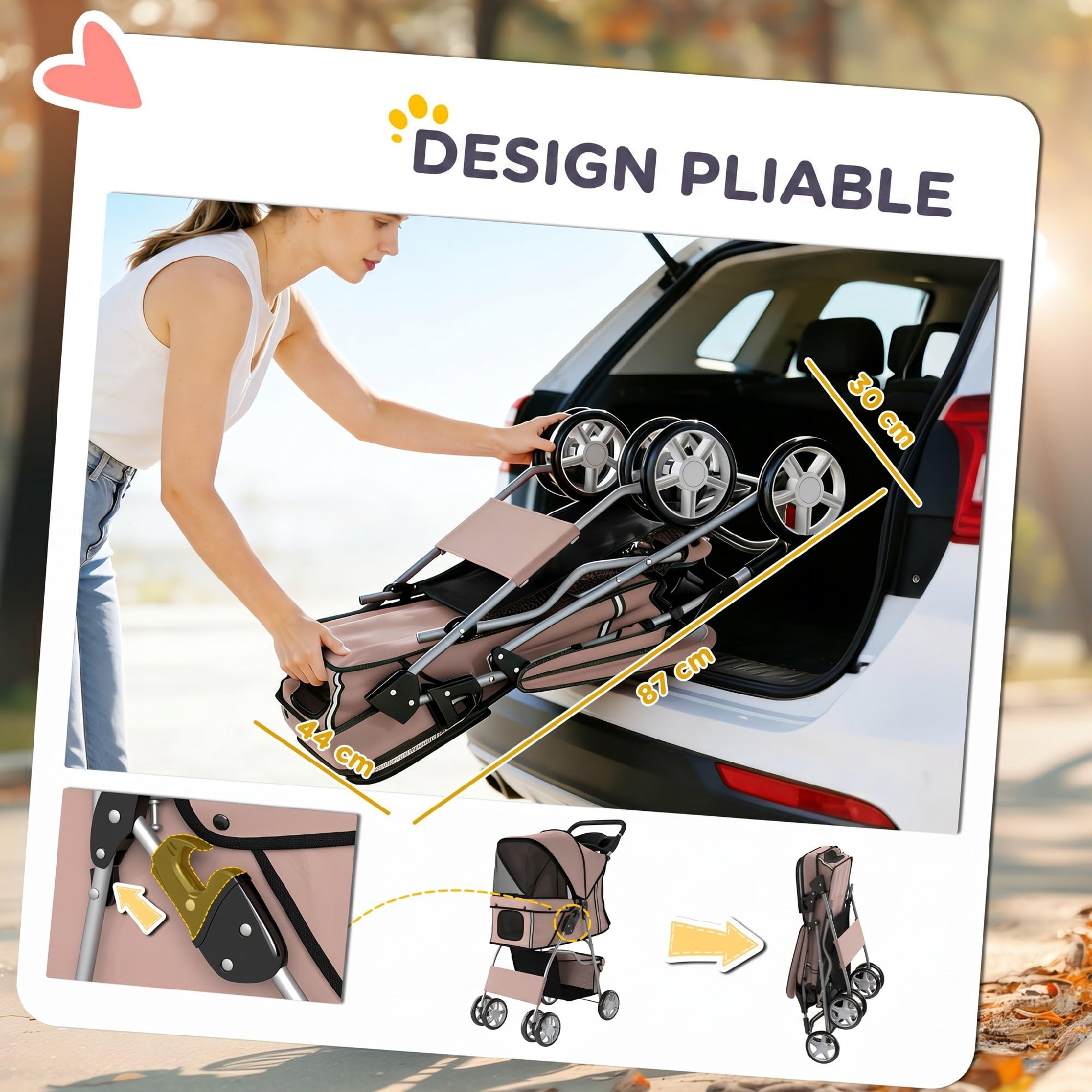PawHut Poussette Buggy Pliable Animaux, Chariot Pliante Imperméable pour Chien et Chat, Toit Amovible Incluse, Porte-Gobelet, Panier de Rangement, Roues avec Frein, Tissu 600D Oxford, Acier, Café