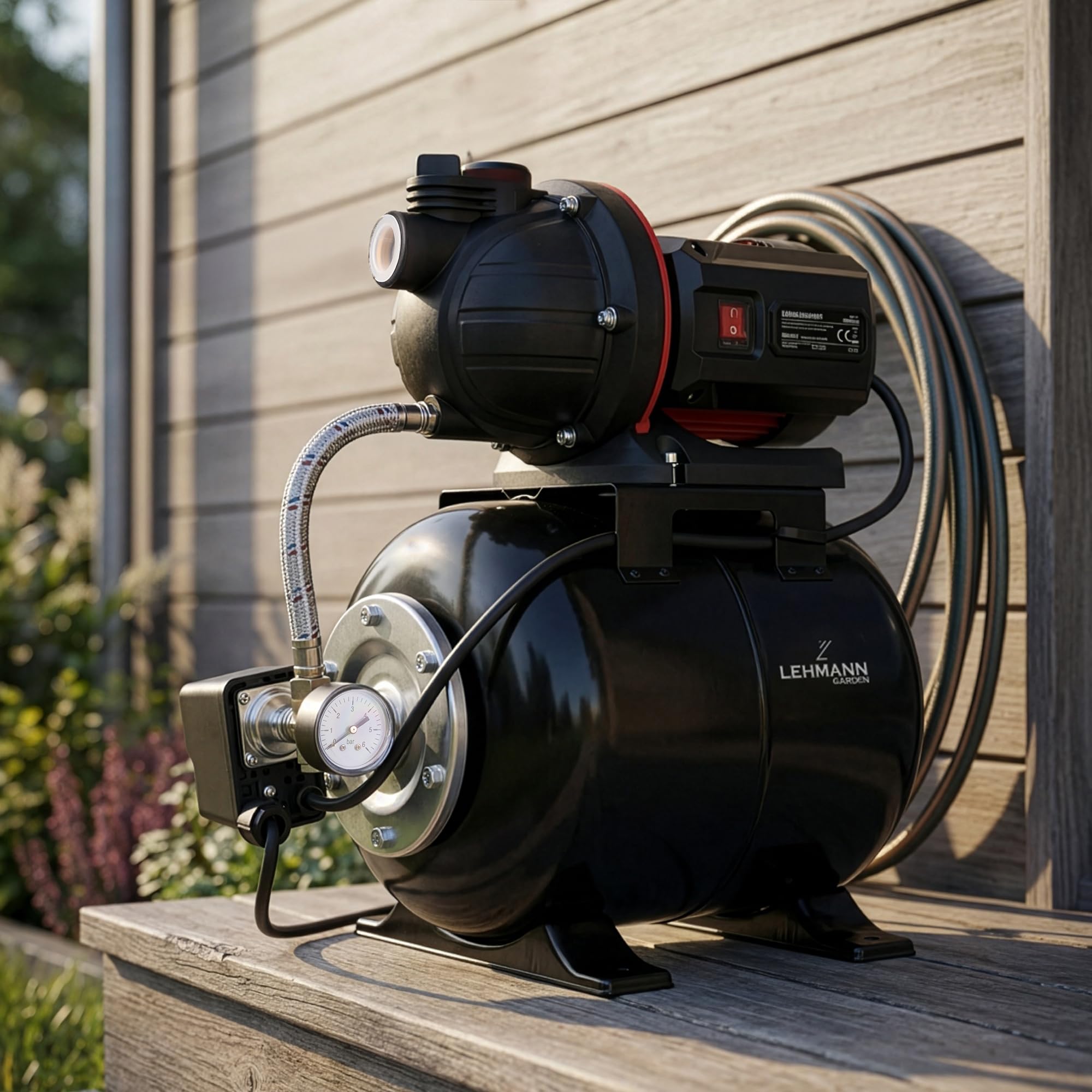 LEHMANN Groupe de Surpression HP1, 800 W, 5200 l/h, Réservoir en Acier Inoxydable 19 L, Hauteur de Refoulement 43 m, Profondeur d’aspiration 8 m, Auto-amorçante, Filtre & Manomètre, Noir