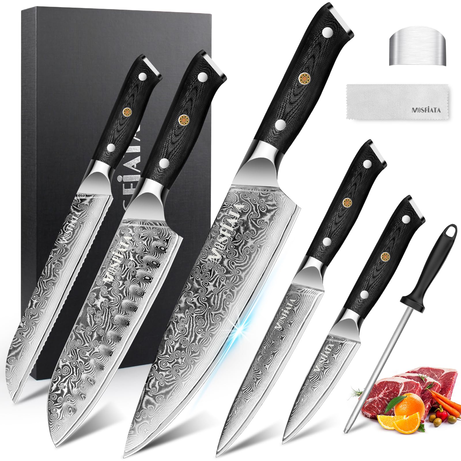 MOSFiATA Set Coltelli da Cucina Professionali, Set di Coltelli Damasco con Coltello Chef, Coltello Santoku, Coltello Pane, Coltello Multiuso e Coltello Frutta