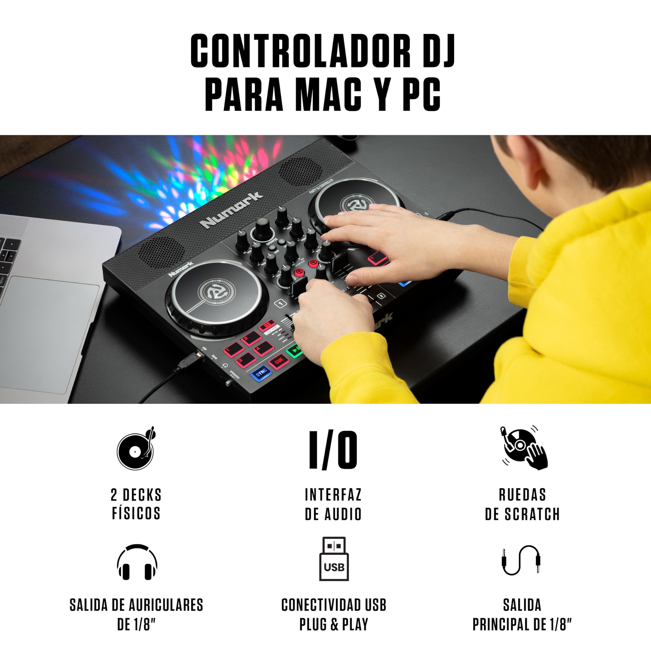 Numark Party Mix Live + HF 125 - Set de DJ, Controlador DJ con luces DJ integradas, altavoces y mezclador DJ para Serato DJ Lite + Auriculares de DJ Profesionales