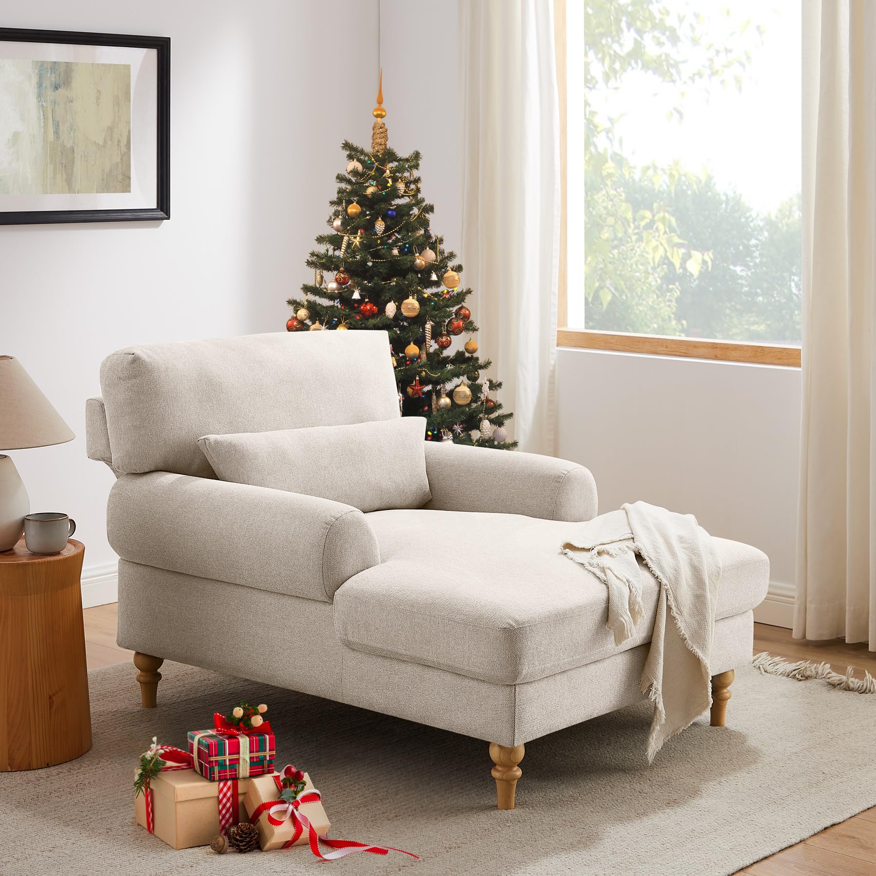 Condemo Modern Chaise Lounge Chair with Adjustable Backrest, Upholstered Indoor Leisure Sofa Recliner, Oversized Accent Chair Deep Seat Reading Armchair for Living Room, Bedroom, Office, Smoke White