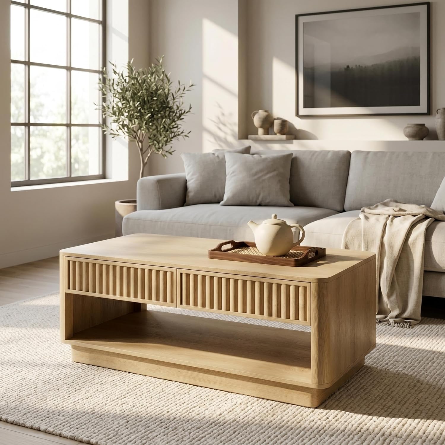 40" Coffee Table with Storage, Modern Fluted Coffee Table with Drawers and Open Shelf, Wood Rectangular Center Table for Living Room, Tea Table for Small Space, Natural