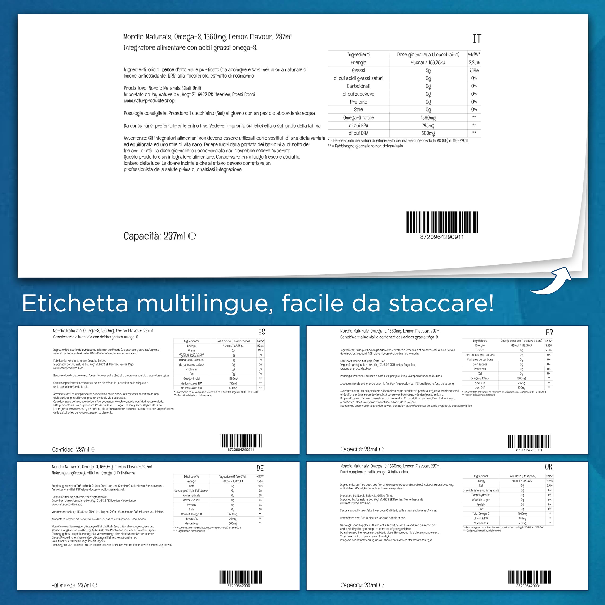 Nordic Naturals, Omega-3, 1560mg Omega-3, Olio di Pesce con EPA e DHA, 237ml, Gusto Limone, Testato in Laboratorio, Senza Soia, Senza Glutine, Non OGM