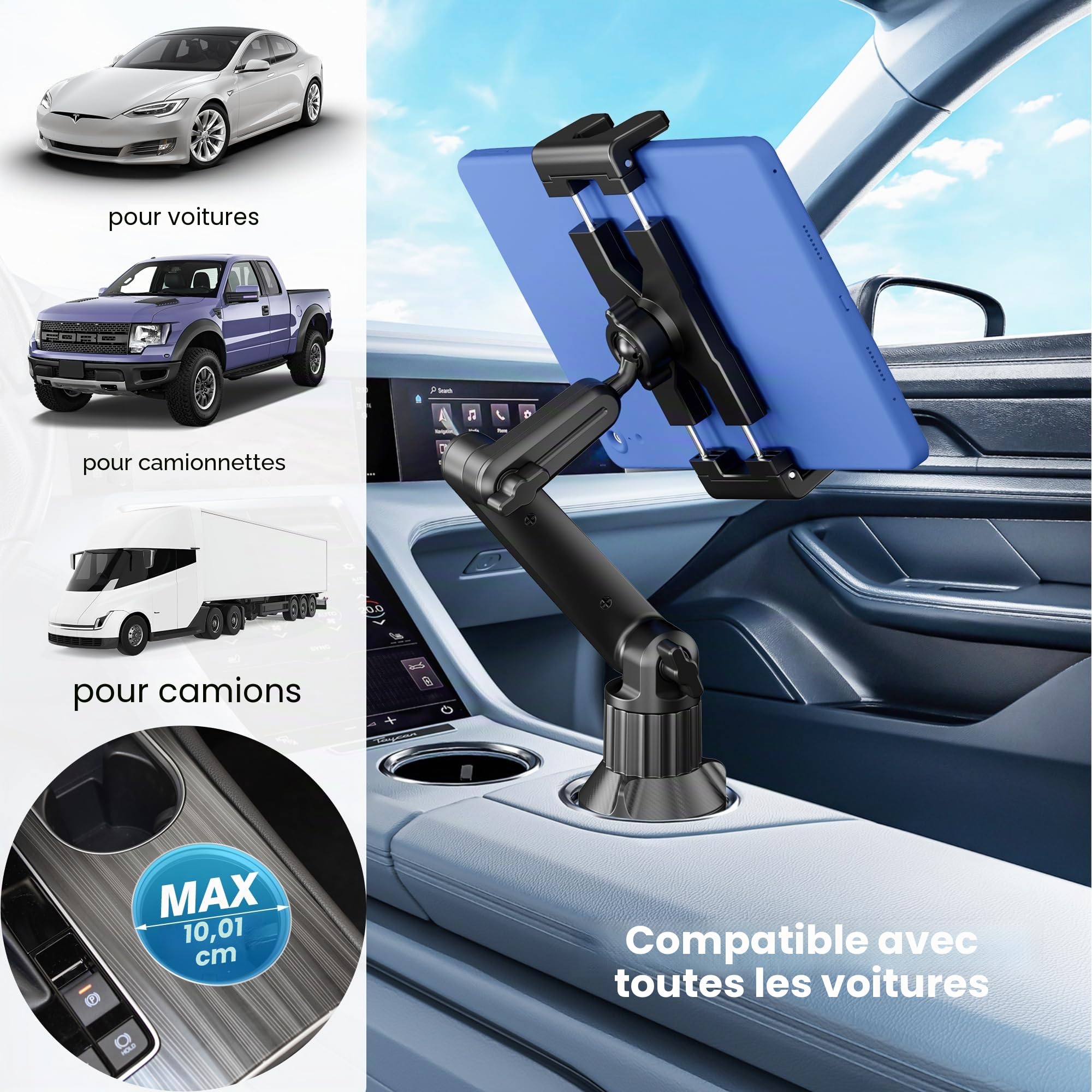 Support de Voiture pour Tablette, iPad, Support de Voiture avec Bras réglable de 38,1 cm pour Tablette iPhone 4,7-13", iPad Pro Air Mini, Fire, iPhone 16 15, Galaxy S25 S24 Z Fold 6 5