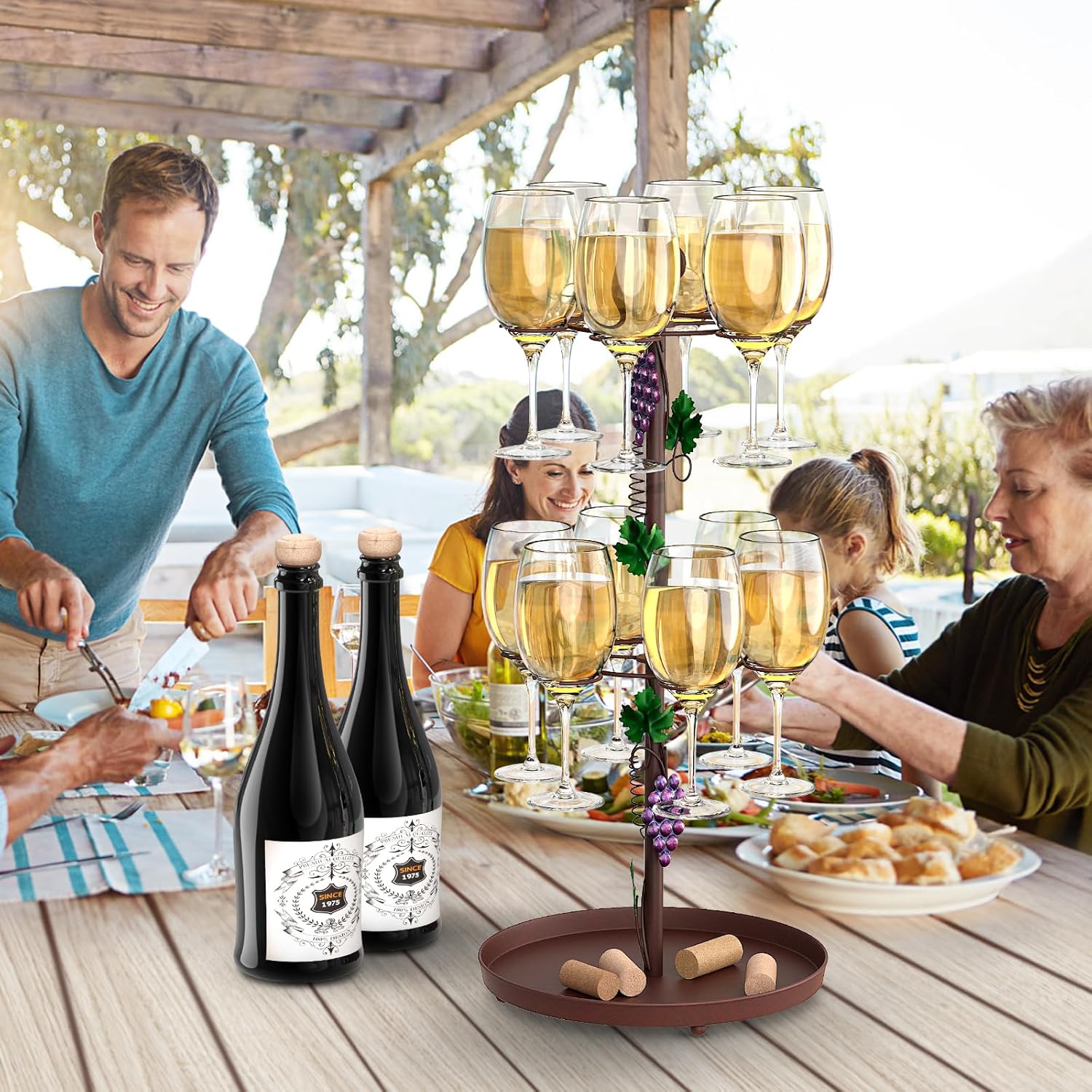 Freestanding Wine Rack with Glass Holder, Countertop Champagne Bottle & Hanging Wine Glass Holder Stand, Tabletop Stemware Storage Rack with 6 Hooks for Kitchen, Dining Table, Bar Display