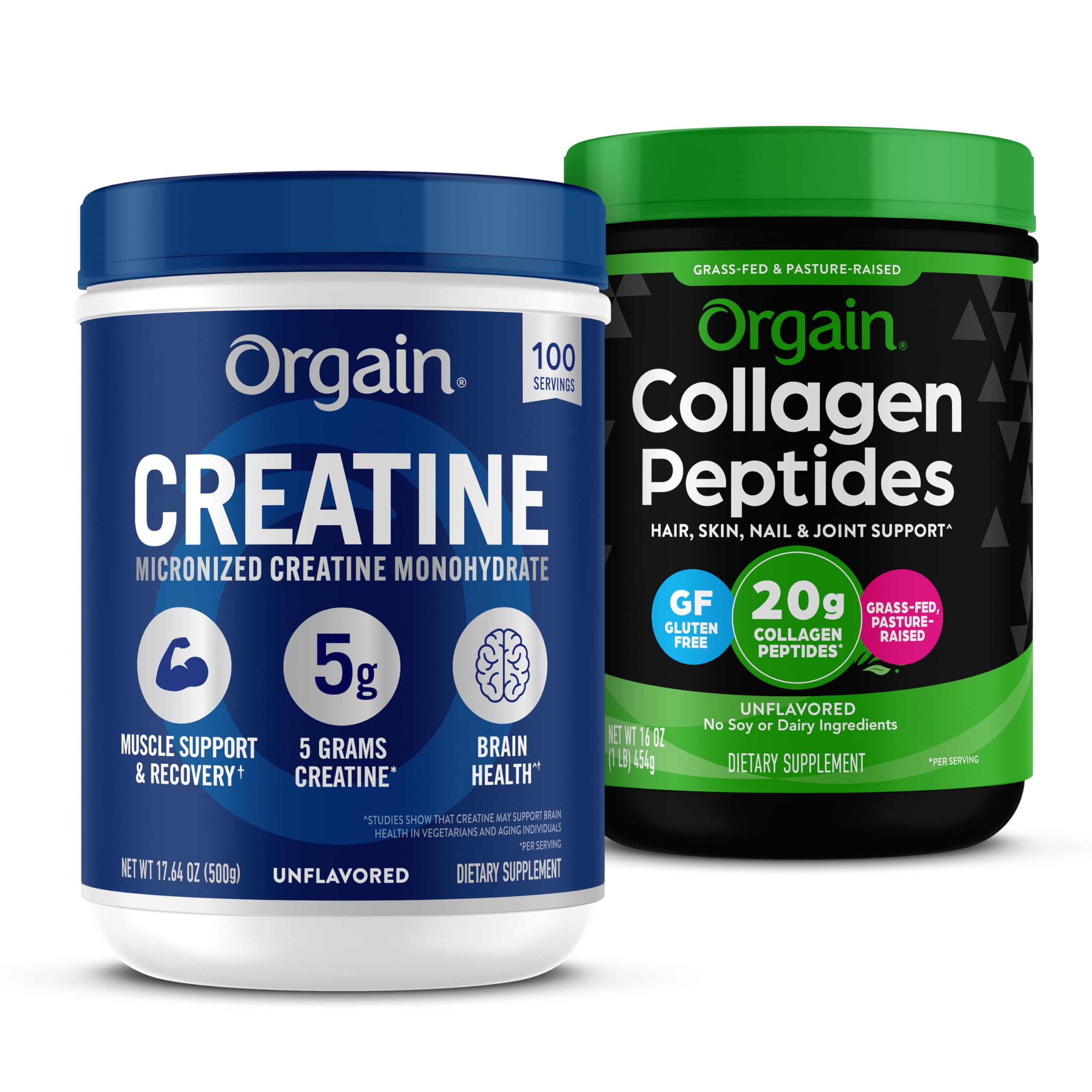 Orgain Creatine Monohydrate Powder 17.64 Oz (100 Servings) & Collagen Peptides Powder 1lb (20g Grass Fed) Bundle - Unflavored, Non-GMO Supplements for Muscle, B
