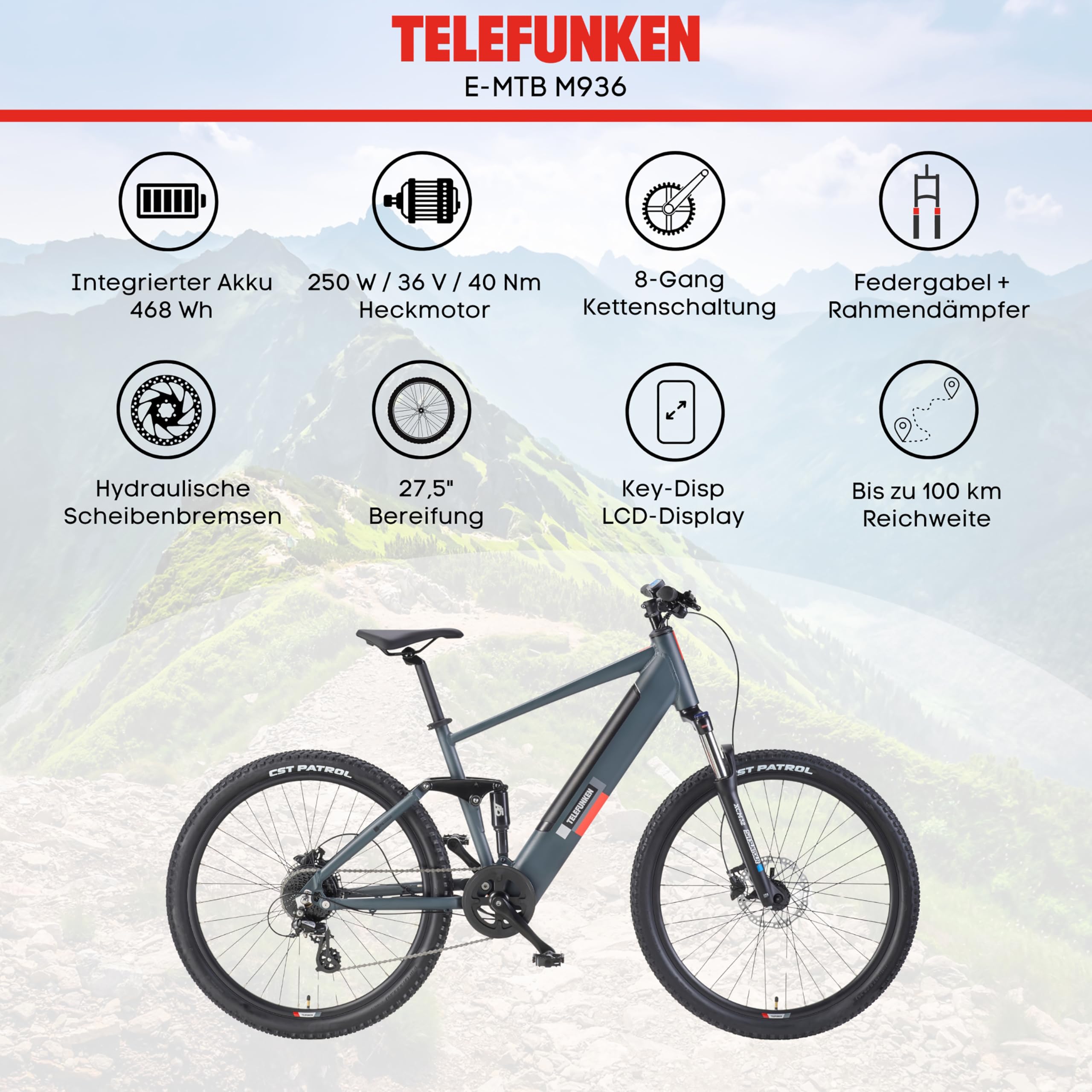 TELEFUNKEN E-Bike Mountainbike Elektrofahrrad Alu, 8 Gang Kettenschaltung - Pedelec MTB 27,5 Zoll, Hinterradmotor, 250W, Hydr. Scheibenbremsen, Grau, Aufsteiger M936