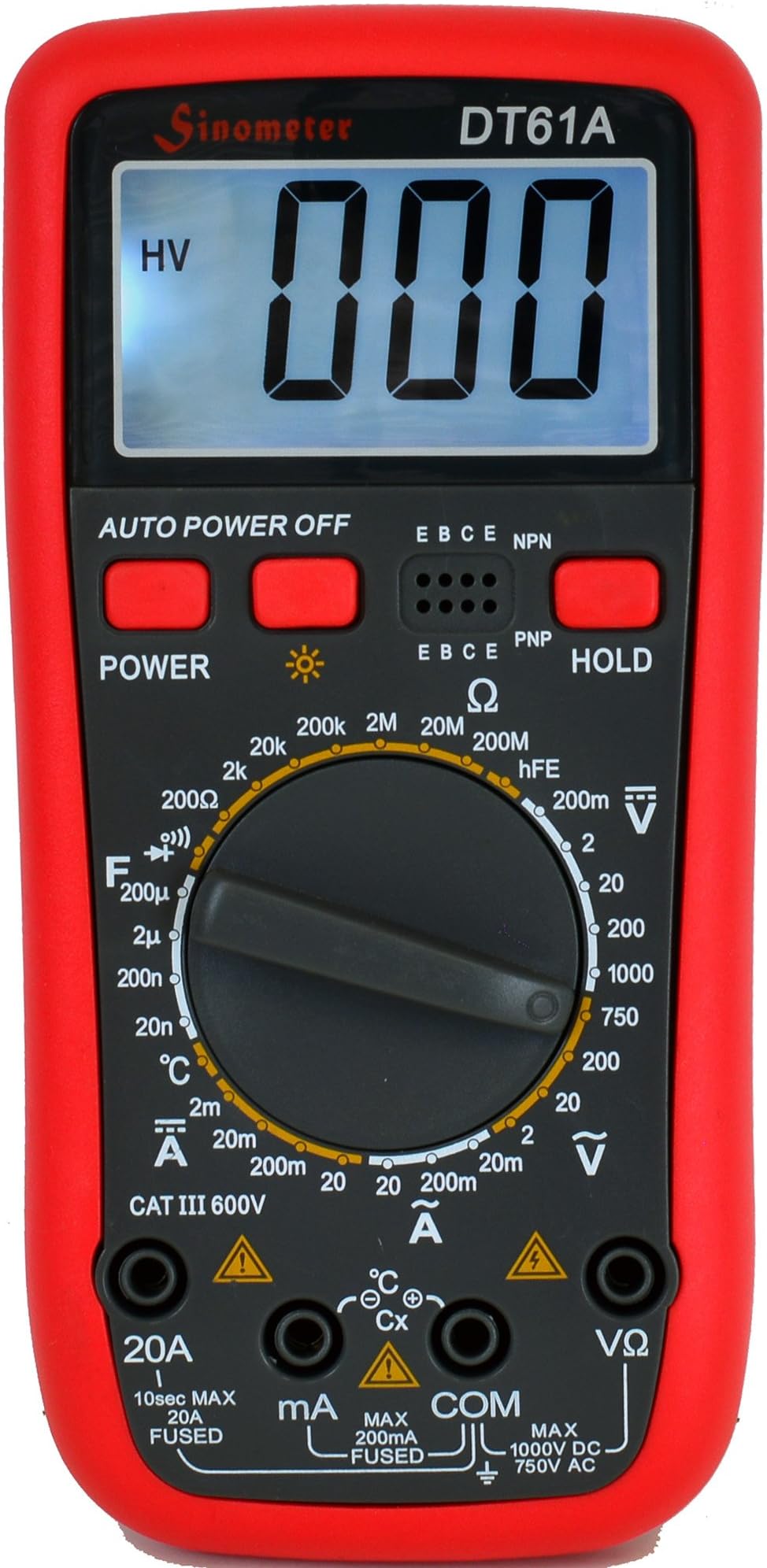 DT61A, AC DC Current 20A Digital Multimeter with Temperature Measurement & Resettable Fuse by Sinometer