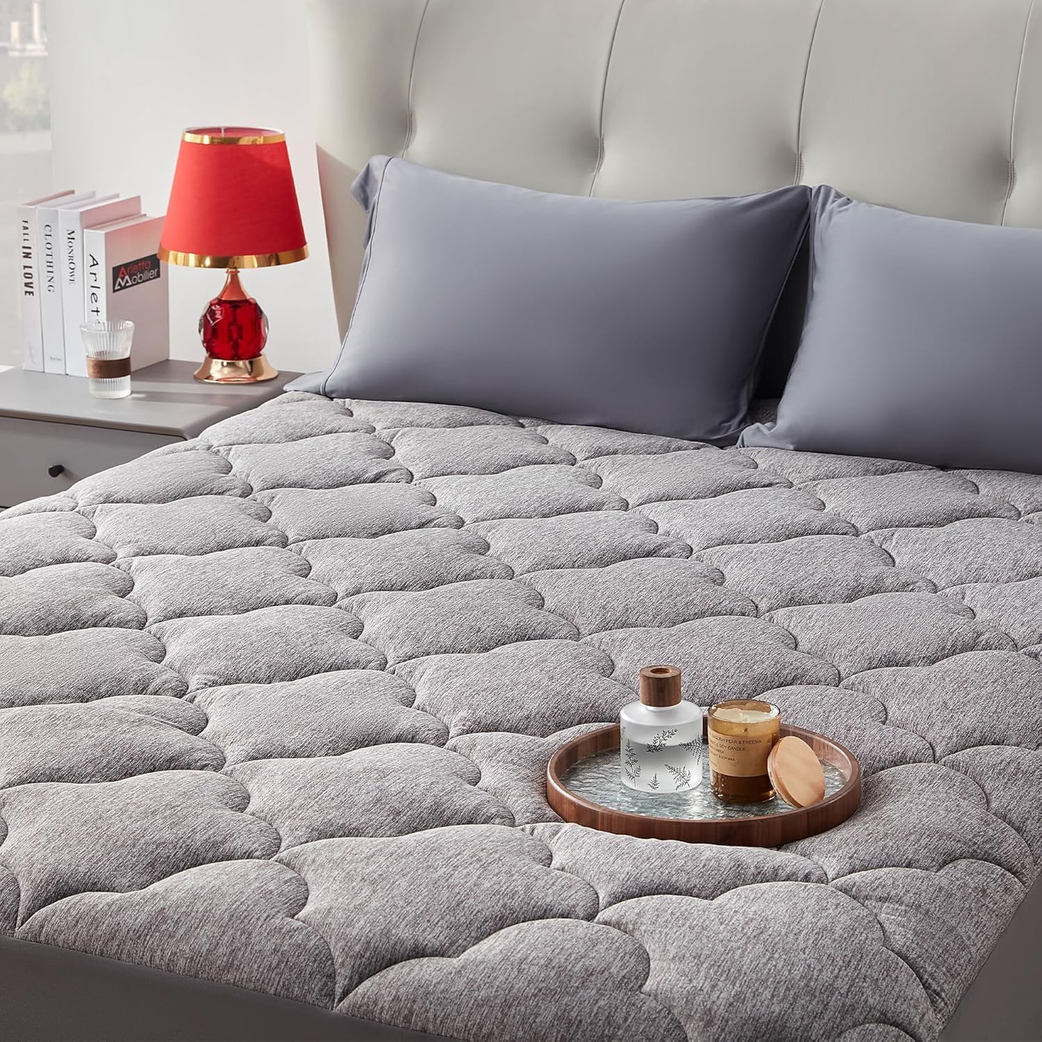 SLEEP ZONE King Mattress Pad, Pillow Top Mattress Topper, Jersey Knit Mattress Cover, Plush Mattress Protector, Elastic Fitted Mattress Encasement, Machine Washable (King, Grey)