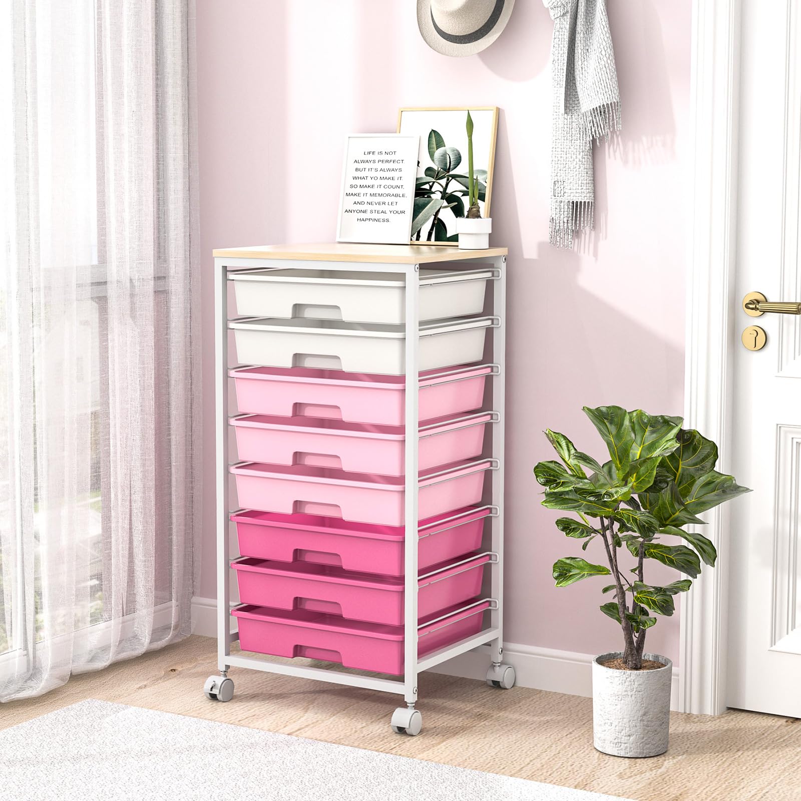 SYKIARIOL Carrito de almacenamiento de 8 cajones con ruedas bloqueables, rosa | Ruedas bloqueables, cajones de plástico, multiusos, para escuela, dormitorio, sala de manualidades, sala de estar