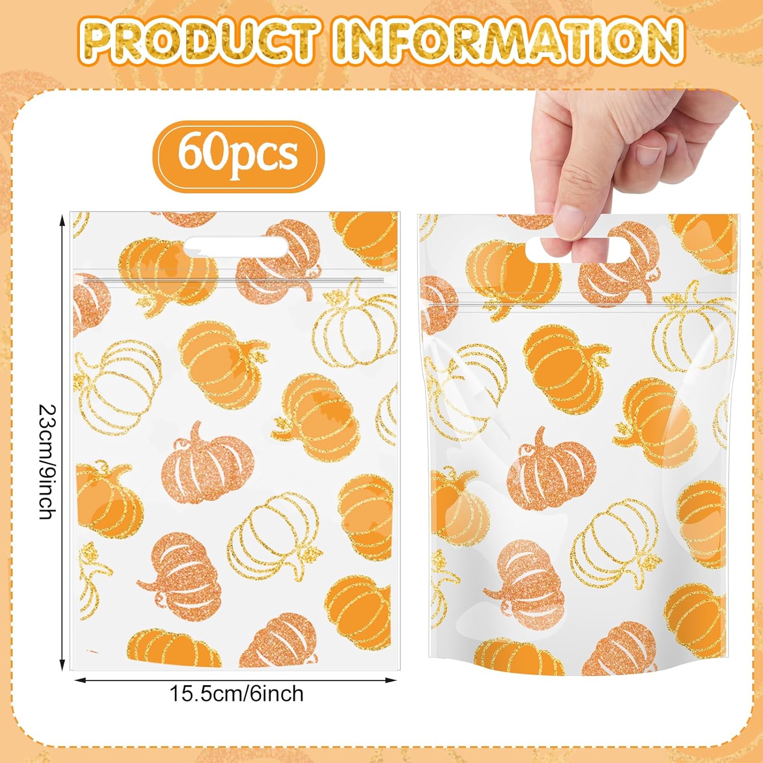 Hallswl 60pcs Little Pumpkin Plastic Resealable Treat Bags,Baby Shower Candy Gift Bag with Handle,Fall Goodie Bags for Thanksgiving Birthday Party Favors Decorations,9X6inch (Orange) - Image 2