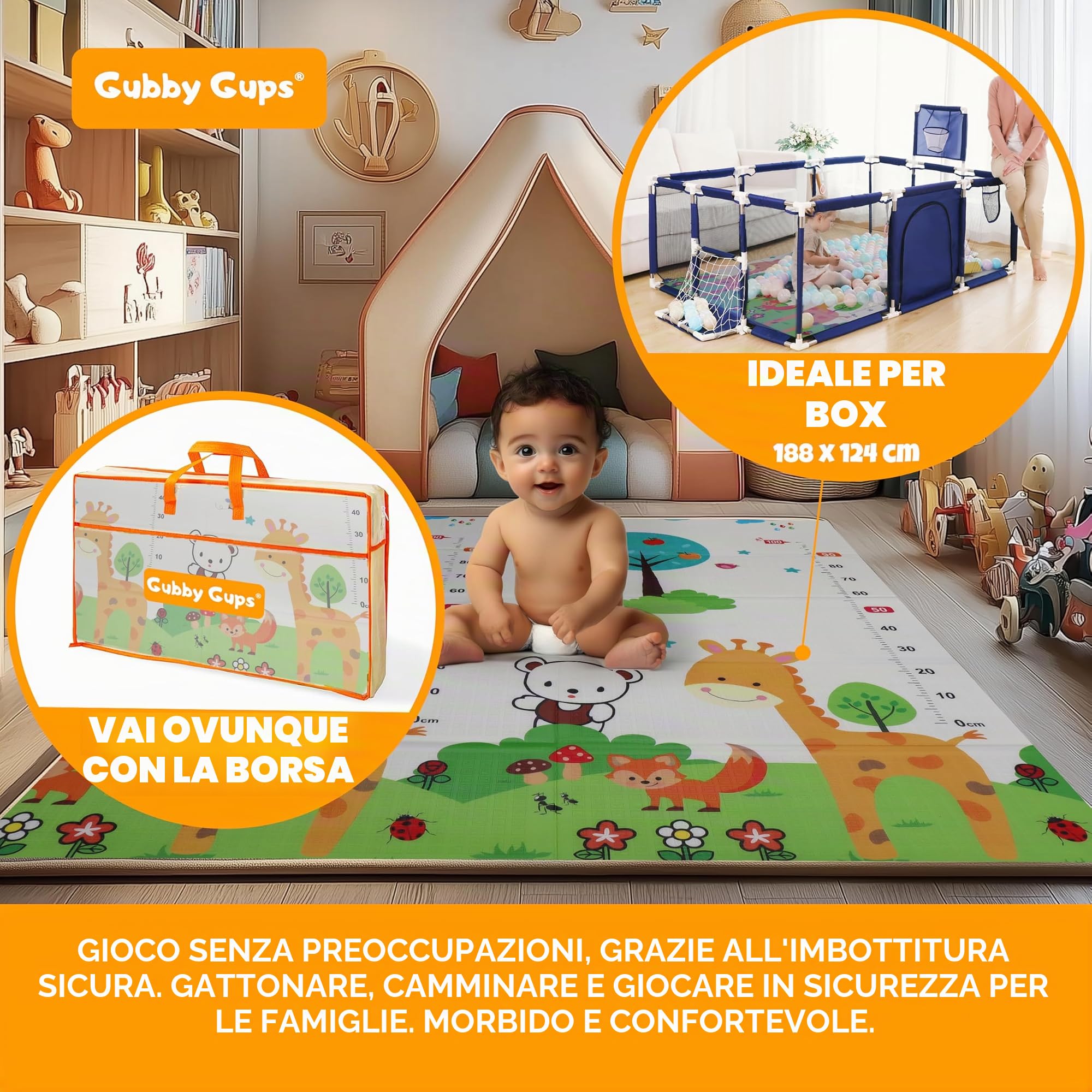 Tappetino da gioco per bambini GUBBY GUPS, pieghevole, impermeabile, antiscivolo, reversibile, atossico, privo di sostanze inquinanti, realizzato in schiuma XPE - 180 x 120 x 1 cm
