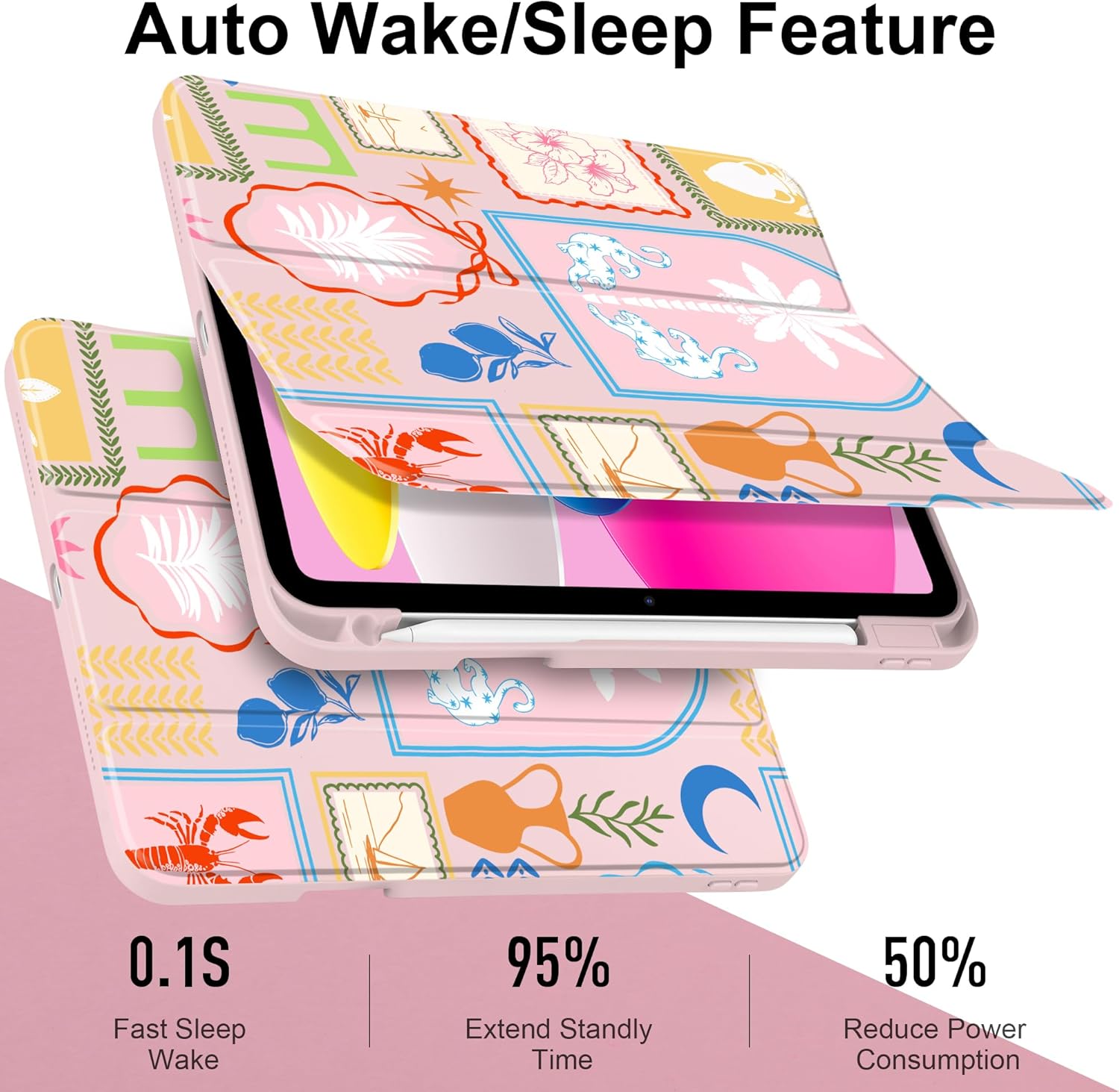 Case for iPad (A16) 11th Generation 11 inch 2025 /iPad 10th Gen 10.9 2022- Cute Patterns Pink Cover with Clear Back Shell Auto Wake Sleep Trifold Stand & Pencil Holder, Creative Collage