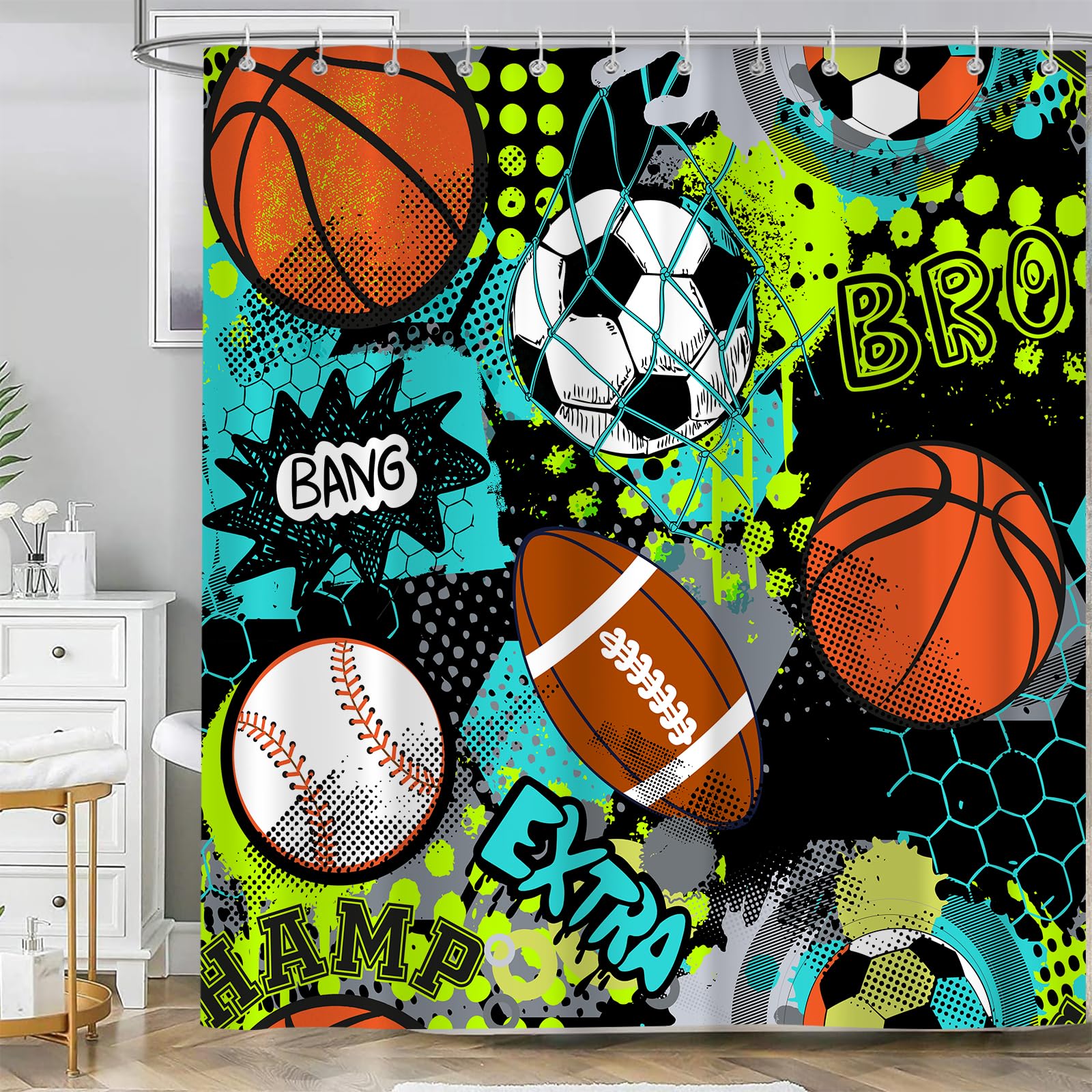 Sokdcam Sports Shower Curtain for Kids Children Teens, Cool Graffiti Basketball Baseball Soccer Bathroom Curtain Decor, Multicolor Polyester Fabric Waterproof Bath Curtains with 12 Hooks, 72X72 inch