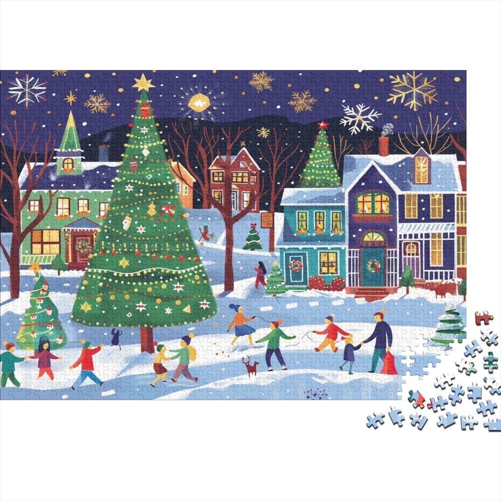 Christmas Tree Winter Village 1000 Piece Jigsaw Puzzle Paper for Adults Festive Night Scene Jigsaw Puzzle for Family Relaxation Home Decor Gift 38x26cm/1000pcs — image 1