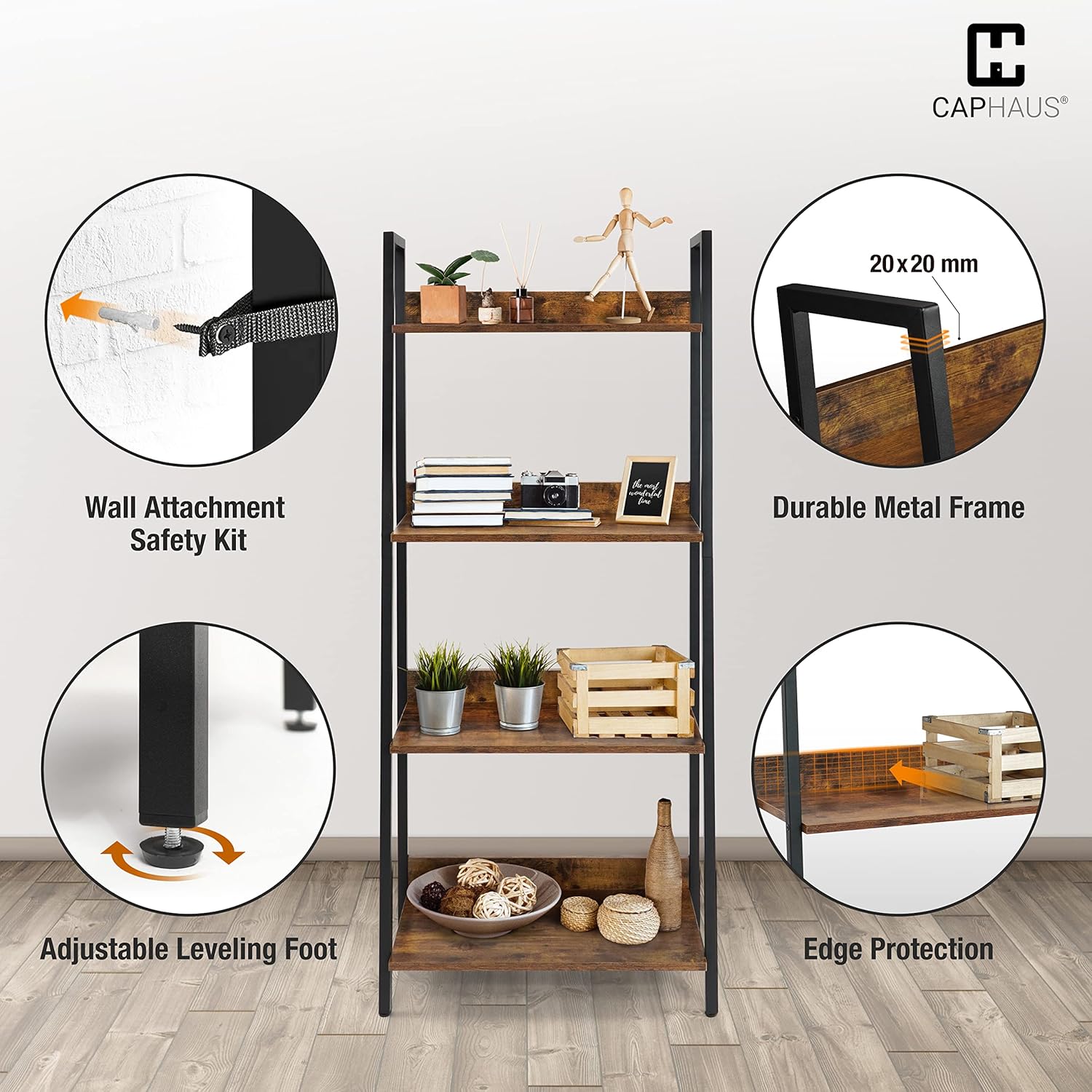 CAPHAUS 4 Tier Ladder Bookshelf, 24 Inch Width Free Standing Shelf, Bookcase Shelf Storage Rack Organizer, Industrial Book Shelves for Home Office, Living Room, Kitchen, Rustic Oak, Vintage Shelves