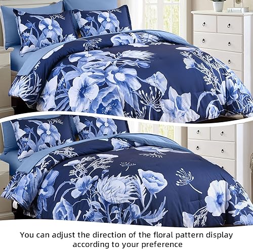 Miniatura 4 de Luxudecor Juego de edredón floral tamaño King de 7 piezas, cama de flores azul marino en una bolsa, elegante edredón floral con juego de sábanas,