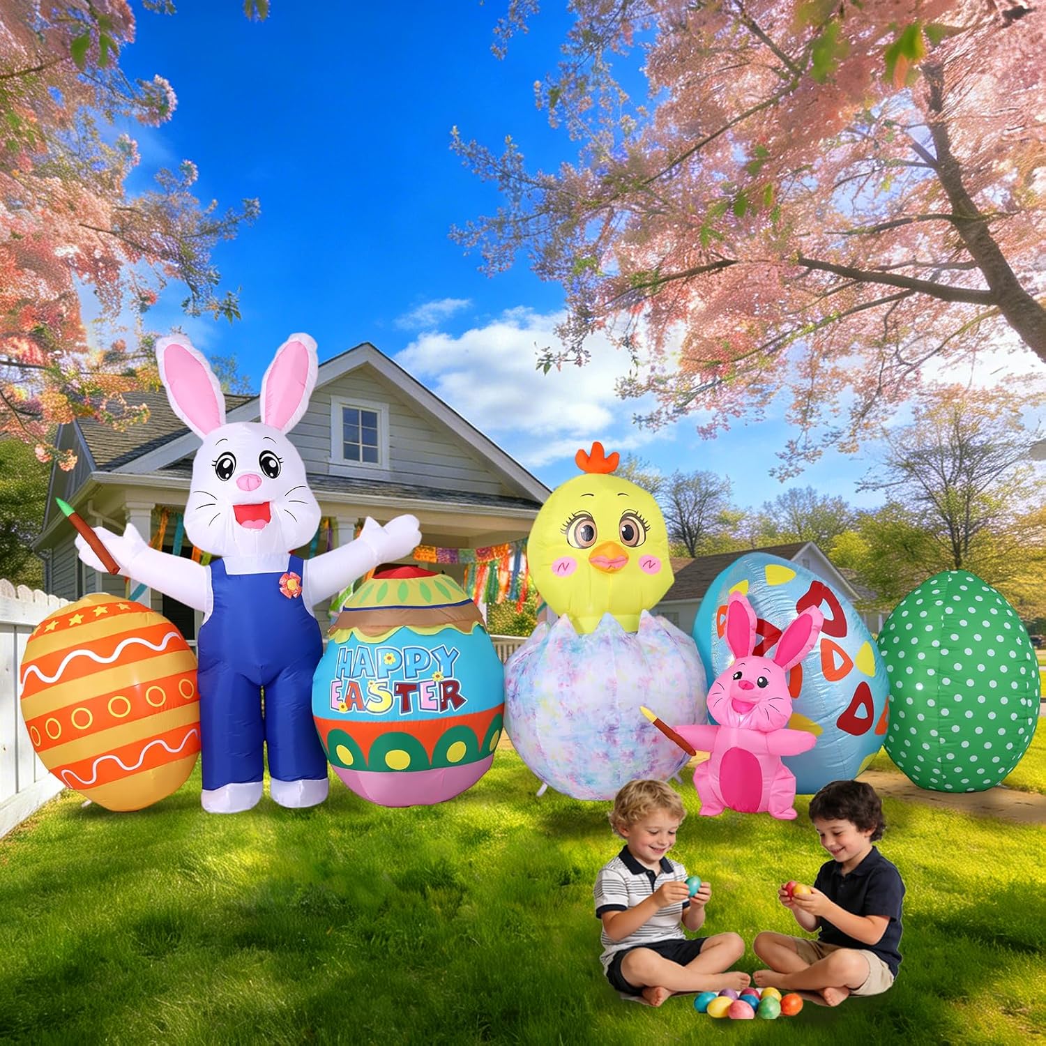 Easter Inflatable Outdoor Decoration, 11.5 FT Wide White Bunny with Chick and Easter Eggs, Built-in LED Lights, Blow Up Yard Decor for Lawn and Garden