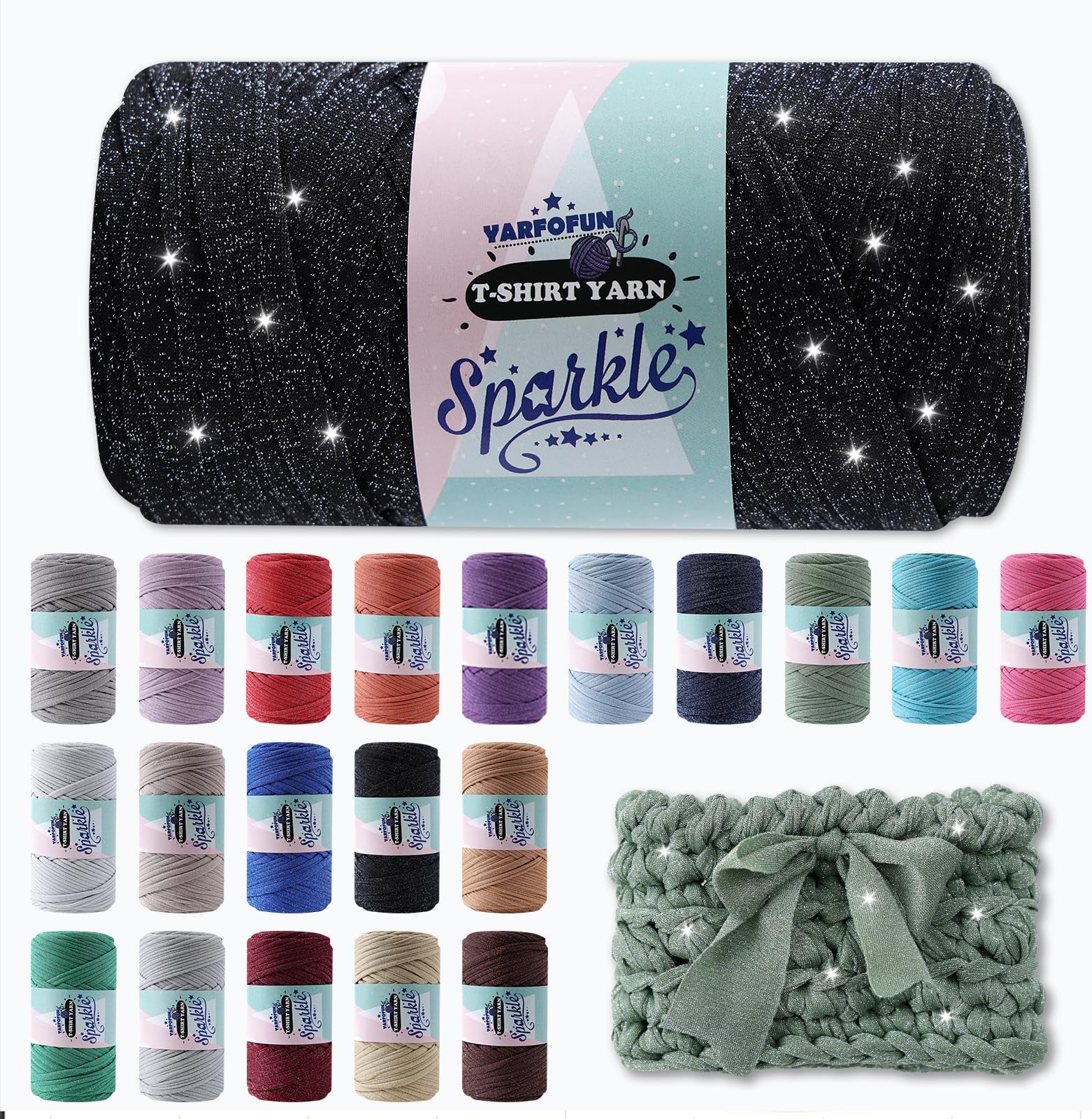 Sparkle Tshirt Yarn for Crochet,Black Silver T Shirt Soft Elastic Fabric Thick T-Shirt Crochet Shining Glitter Sparkle Yarn for Crocheting Knitting Beginner Hand Knitting Bag/DIY Craft/Home Decor