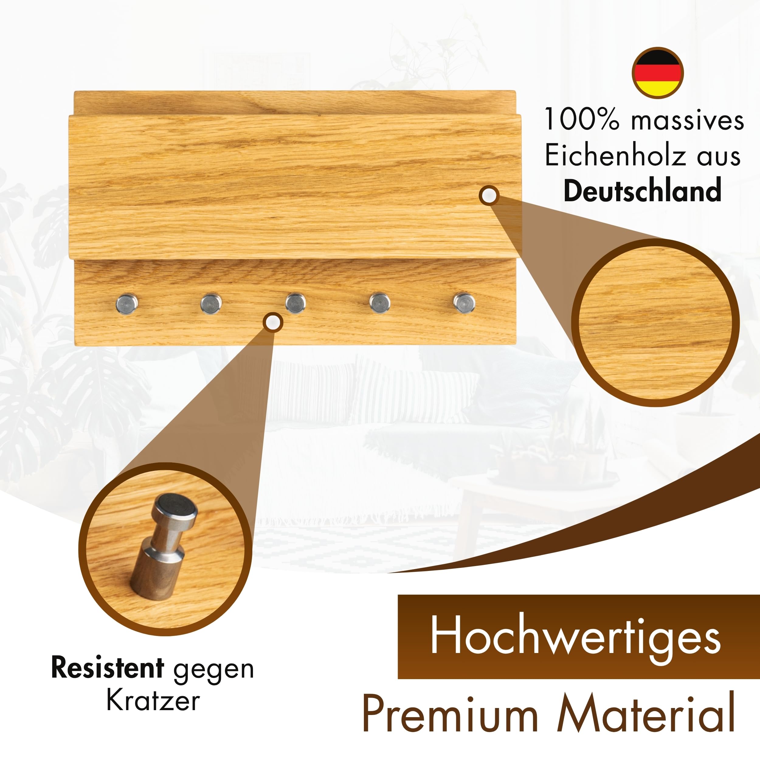 Heimatspäne Schlüsselbrett Holz – Hochwertige Edelstahlhaken und echtes Eichenholz – handgemachtes Schlüsselbrett aus Holz mit Ablage