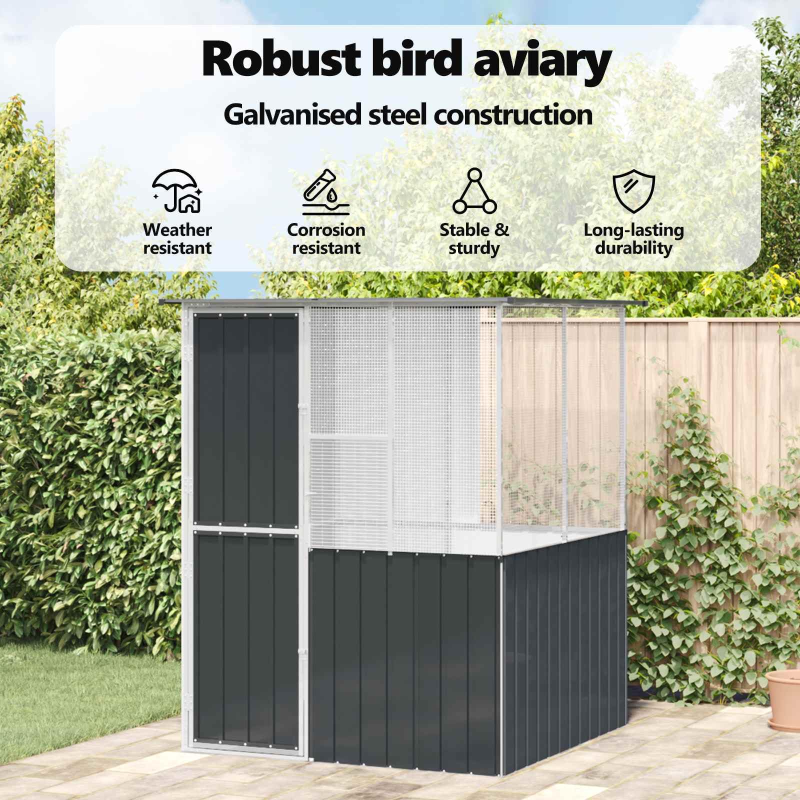 vidaXL Vogelkäfig Anthrazit 165 x 165 x 200 cm Verzinkter Stahl, Moderne Garten- und Terrassen-Vogelbauer, strapazierfähiger Außen-Aviary, stylisches Zuhause, sicheres Gehege