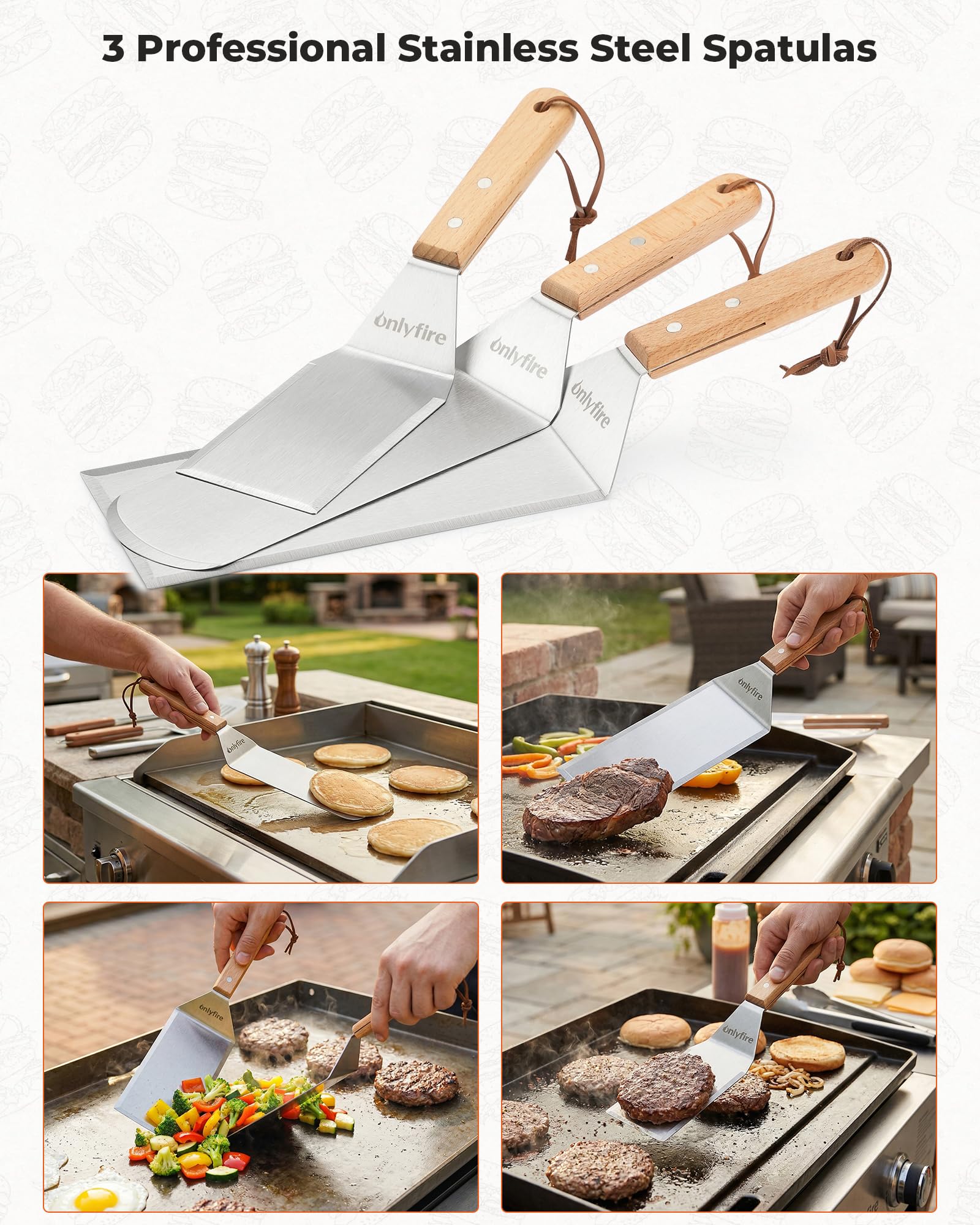 Onlyfire Grillspachtel Plancha Kit – Edelstahl-Grillspachtel, Schaber und Gusseisen-Grillpresse für Flache Tops, Grills, Öfen und Herde