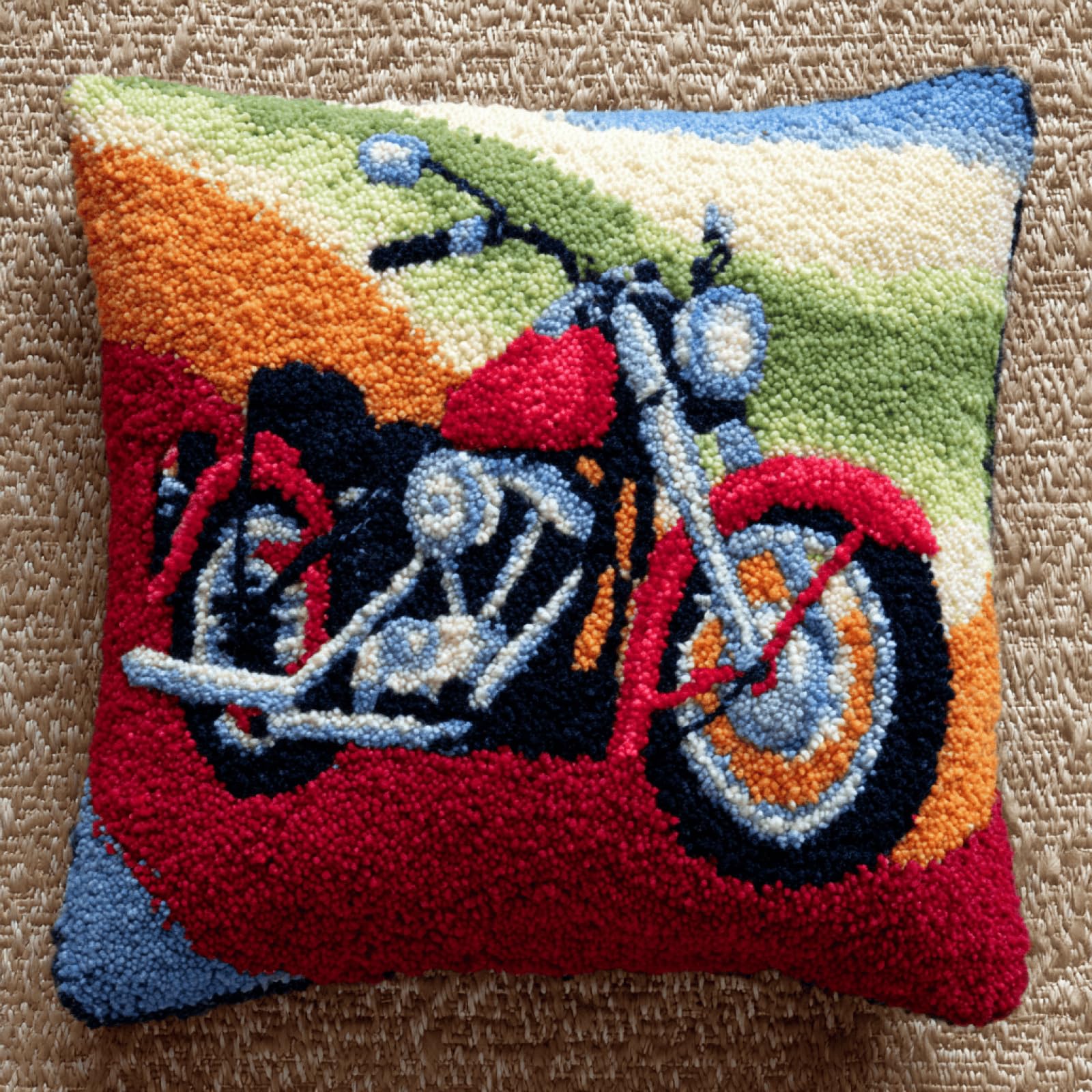 Taxpy Multicoloured Motorcycle Cushion Cover Latch Hook Kit, Iy Craft Kit For Adults Beginners,Pre-Printed Canvas With Yarn And Hook,43X43cm Needlecraft Home Decor Gift