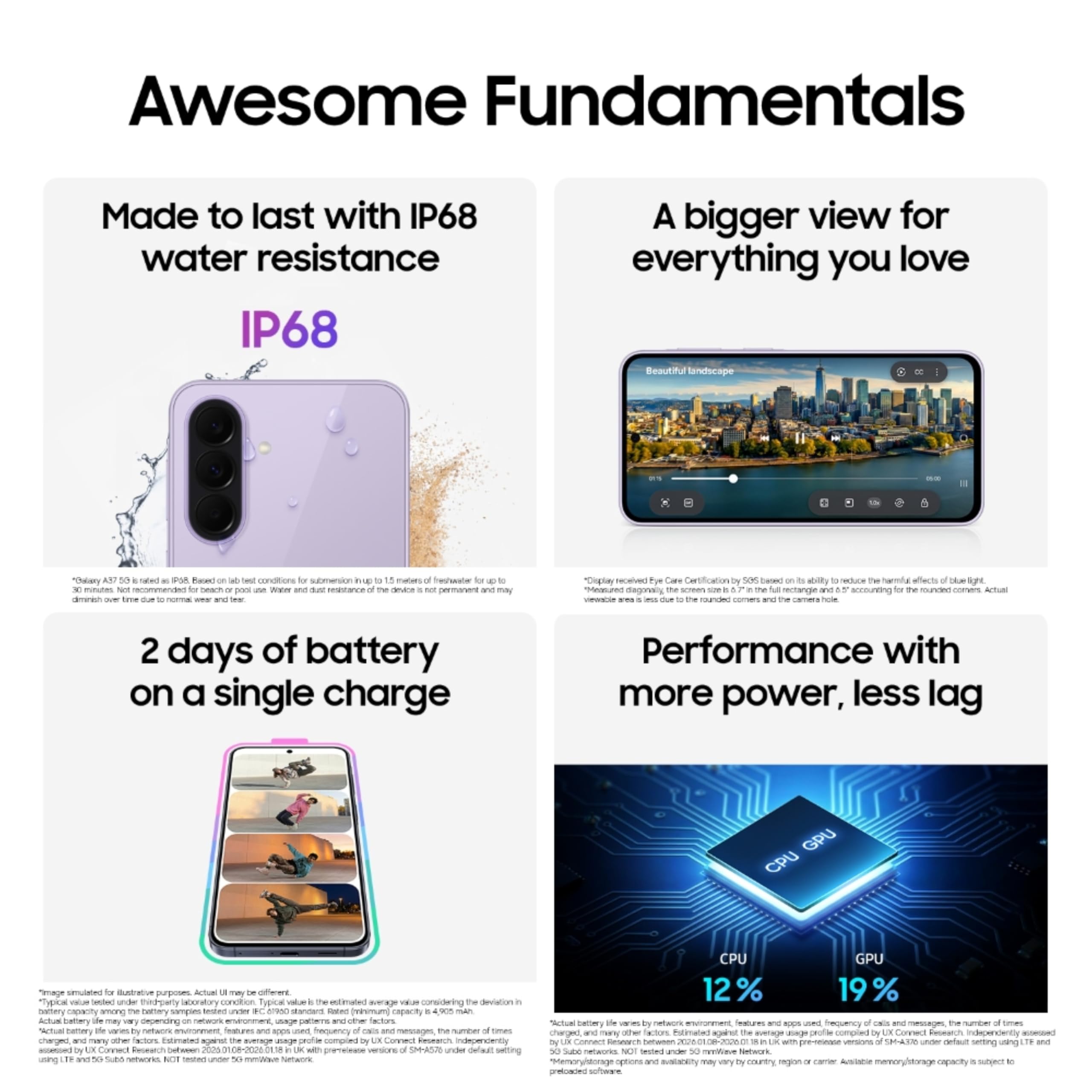 Samsung Galaxy A37 5G (Awesome Lavender, 8 GB RAM, 128 GB pamięci), Agentic AI, potrójny aparat z wideo z nocografią, 2 dni pracy baterii, aktualizacje systemu operacyjnego 6 generacji, IP68, 7,4 mm