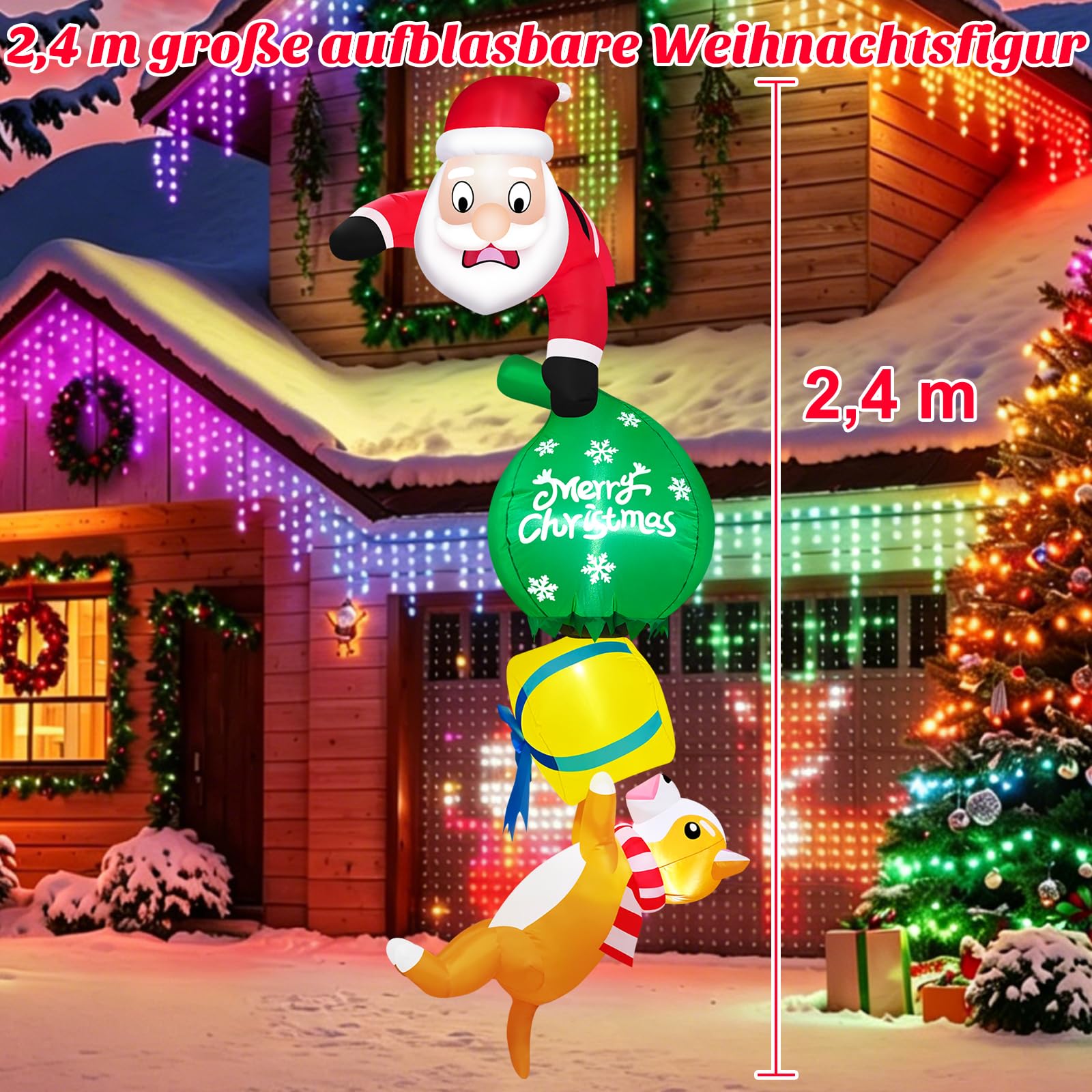 Danxilu 2,4m XXL Aufblasbare Weihnachtsdeko Weihnachtsmann zieht Hund