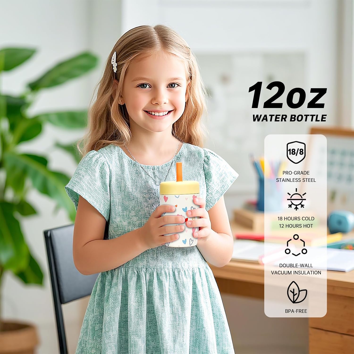 Stainless Steel Tumbler with Straw, Tumbler with Leak Proof, Reusable Double Walled Water Bottle, Thermo Coffee Travel Mug (Love, 350ml) - Image 2