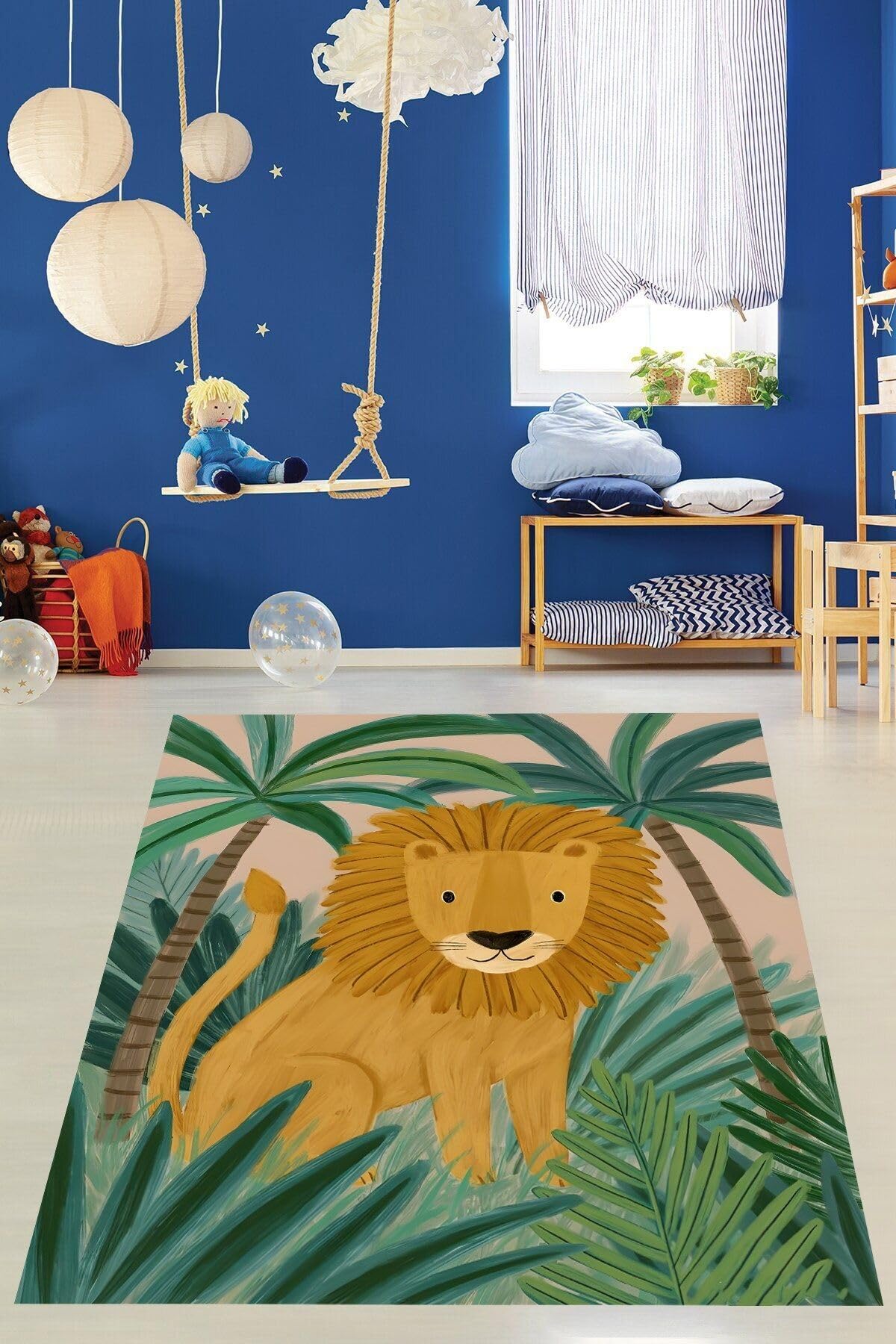 Pelangi Ormandaki Aslan Desenli Yıkanabilir Kaymaz Taban Leke Tutmaz Çocuk Odası Halısı, Kahverengi-Yeşil 80 x 350, 7642010508035005