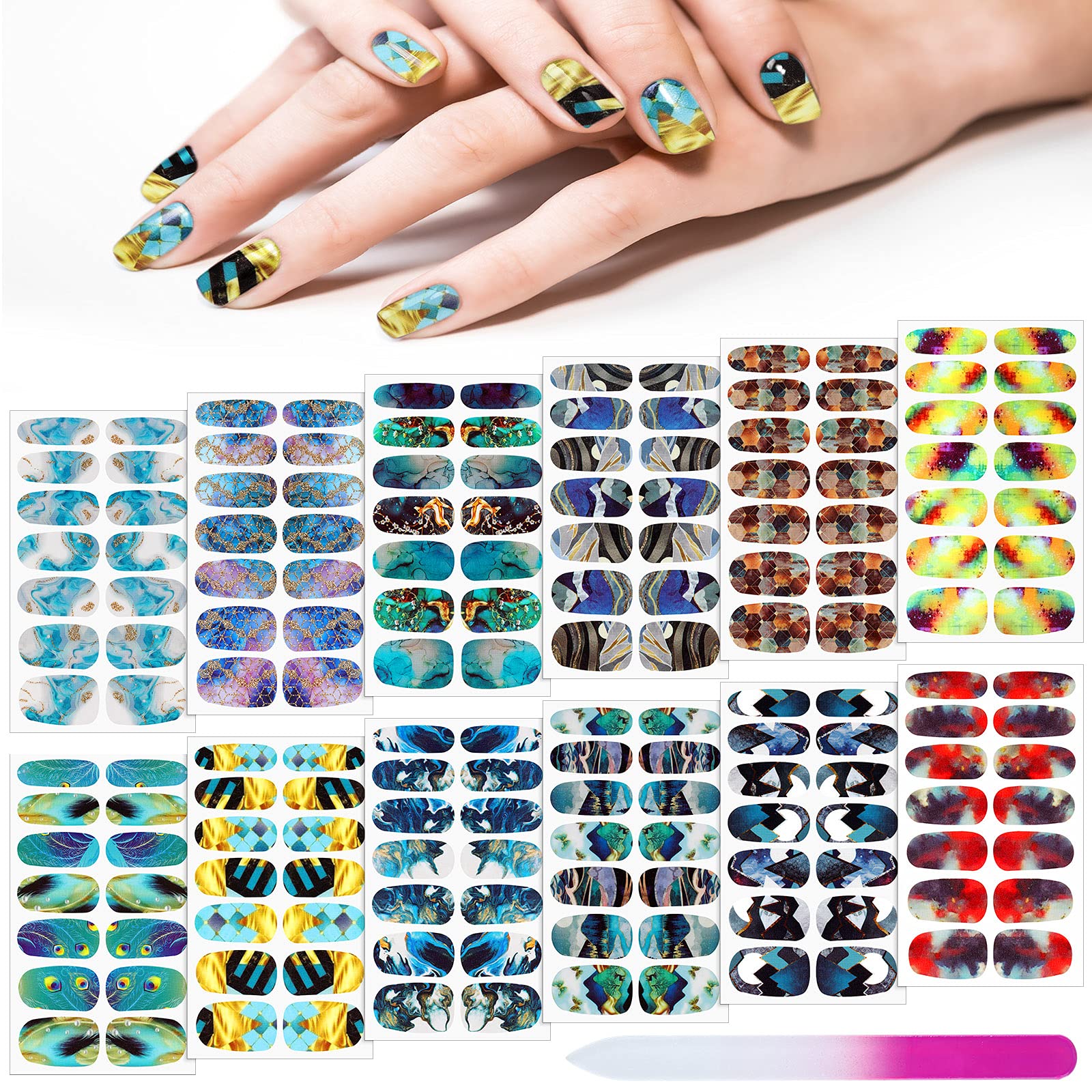 Maitys 168 Pcs 12 Sheets Full Wrap Nail Stickers Polish Strips Gradient Stickers Glitter Self Adhesive DIY Gel Nail Strips Decals with 1 Pcs Fingernail Files for Holiday Decor(Novel Style)