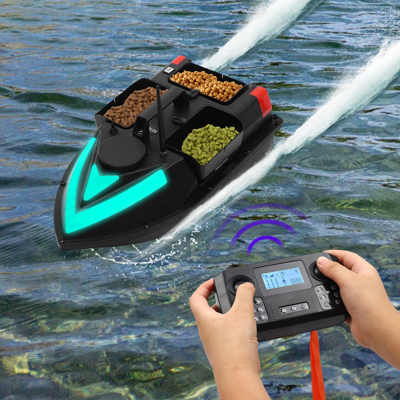 Esca da pesca, barca da pesca, 500 m, GPS, barca da pesca, senza fili, con telecomando e 3 scatole per esche per bacini, laghi e oceani
