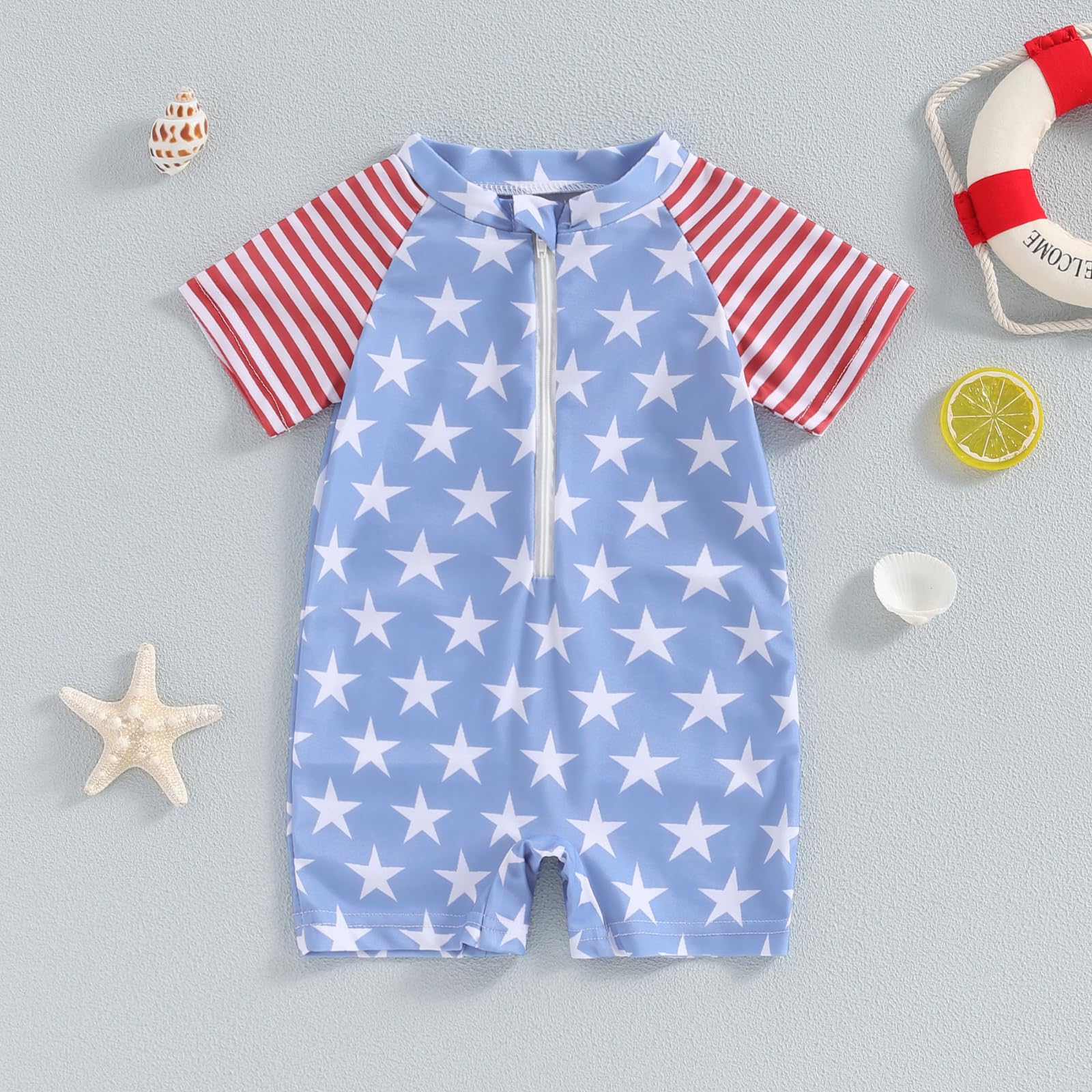 Rtnnsbbfcm Toddler Baby Boys 4th of July Swimsuit Short Sleeve Star Stripe Zipper Rash Guard Swimwear Bathing Suit (Blue, 12-18 Months)