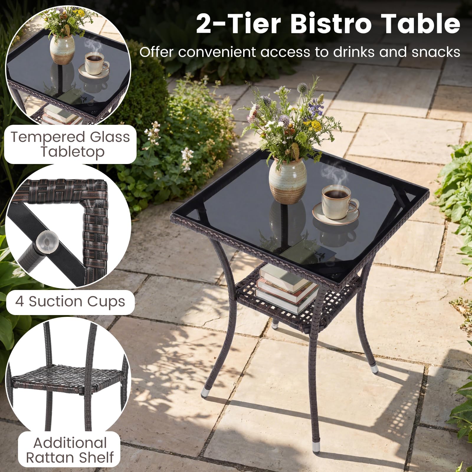FANTASK 3-Teilige Rattan Gartenmöbel, Balkonmöbel Set mit 2 Sessel, Glastisch & Kissen, Terrassenmöbel für 2 Personen, Lounge Möbel für Garten, Veranda, Poolbereich (Mix Braun+Beige)