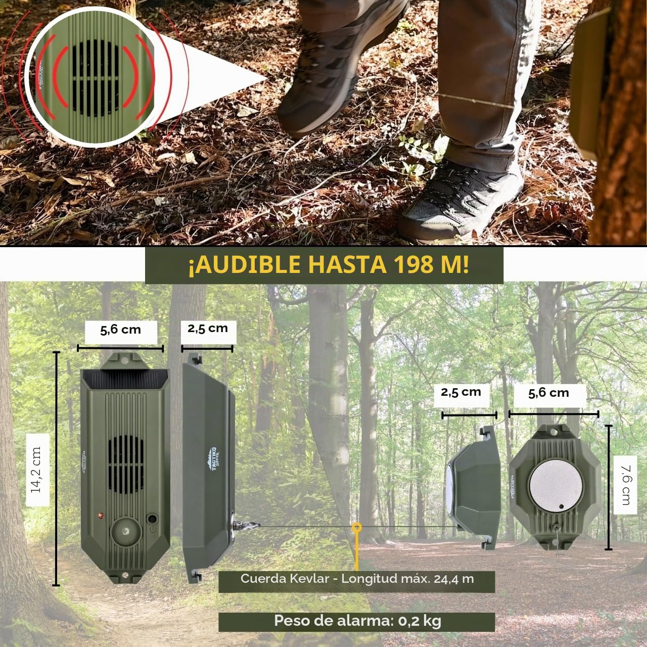 Alarma perimetral con cable Tactiko 2.0, 129 dB recargable – Alambre de Kevlar de 24.4m, solar/USB, resistente a la intemperie, disuasorio de osos para acampada, propiedad, seguridad del hogar (1