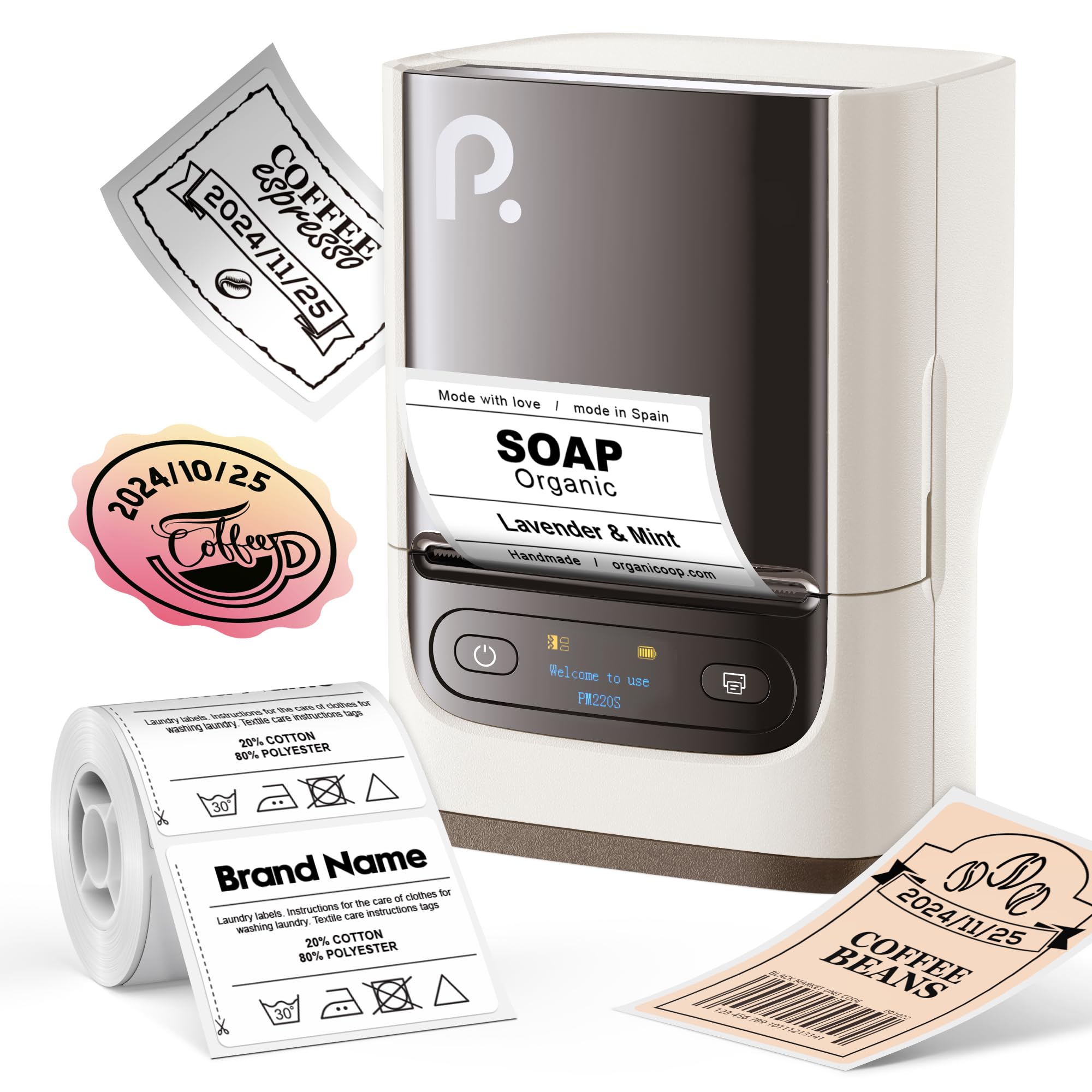 PM220S Label Maker Machine with Tape, 2 Inch Bluetooth Portable Thermal Label Printer for Small Business, Beige