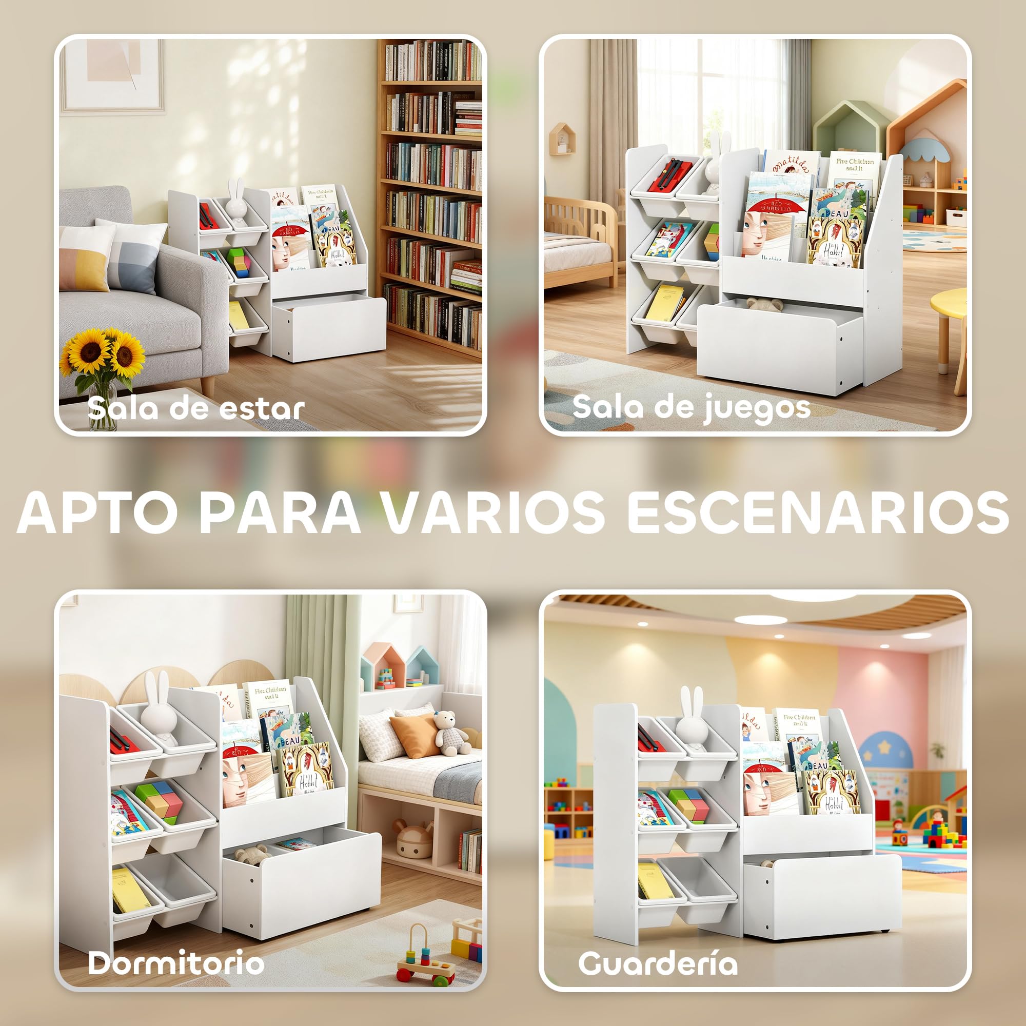 AIYAPLAY Estantería Infantil para Juguetes, con 6 Cajas Extraíbles, 3 Estantes Abiertos y Cajón Inferior con Ruedas, Organizador de Juguetes para Dormitorio, Sala de Juegos, Guardería, Blanco