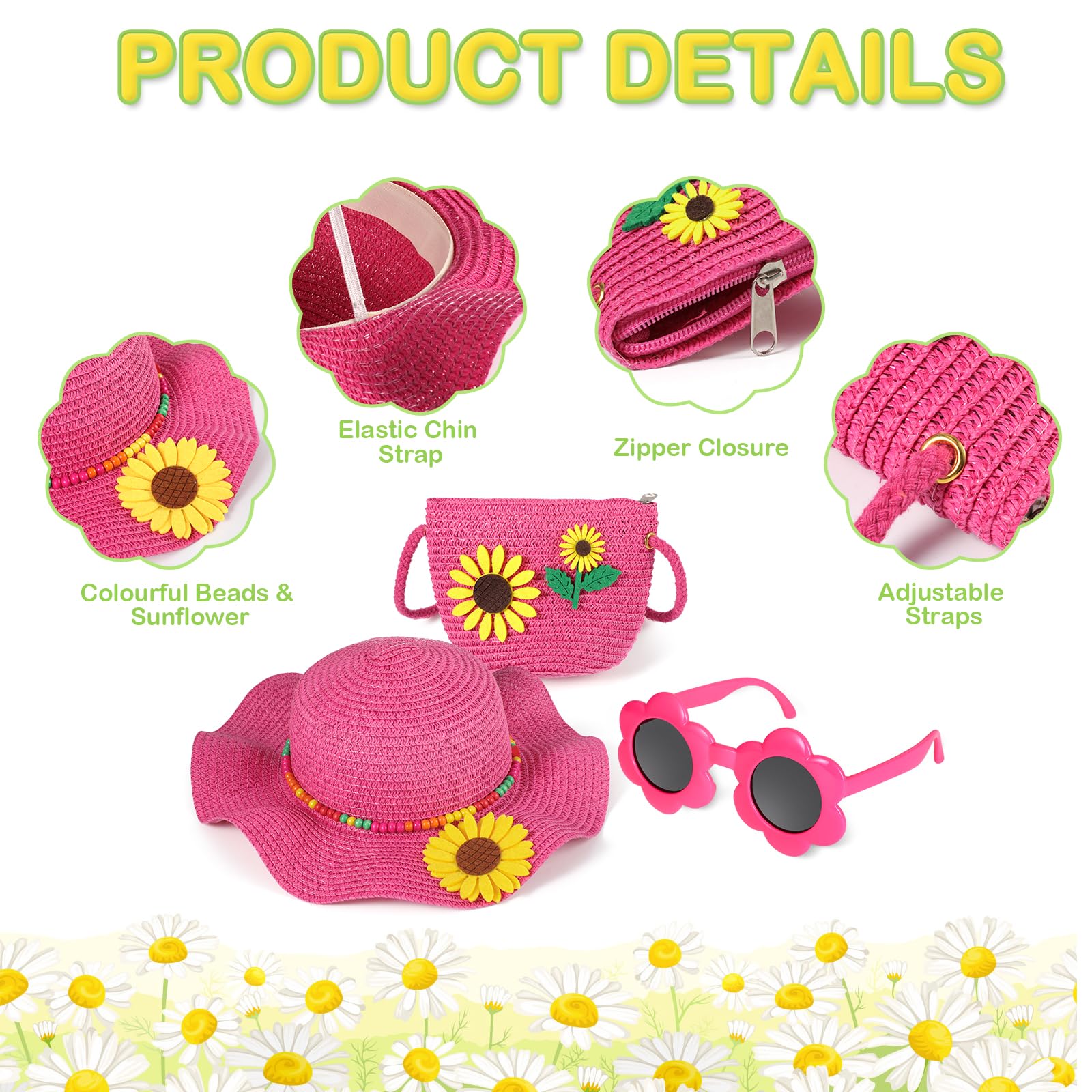 Sonnenhut Kinder Stroh Tasche, Mädchen Strohhut Set mit Kinderschmuck Sonnenbrille, Sommerhut Umhängetasche Mädchen Strohhüte mit Blumendekoration Sommer Strandhut Sonnenhüte