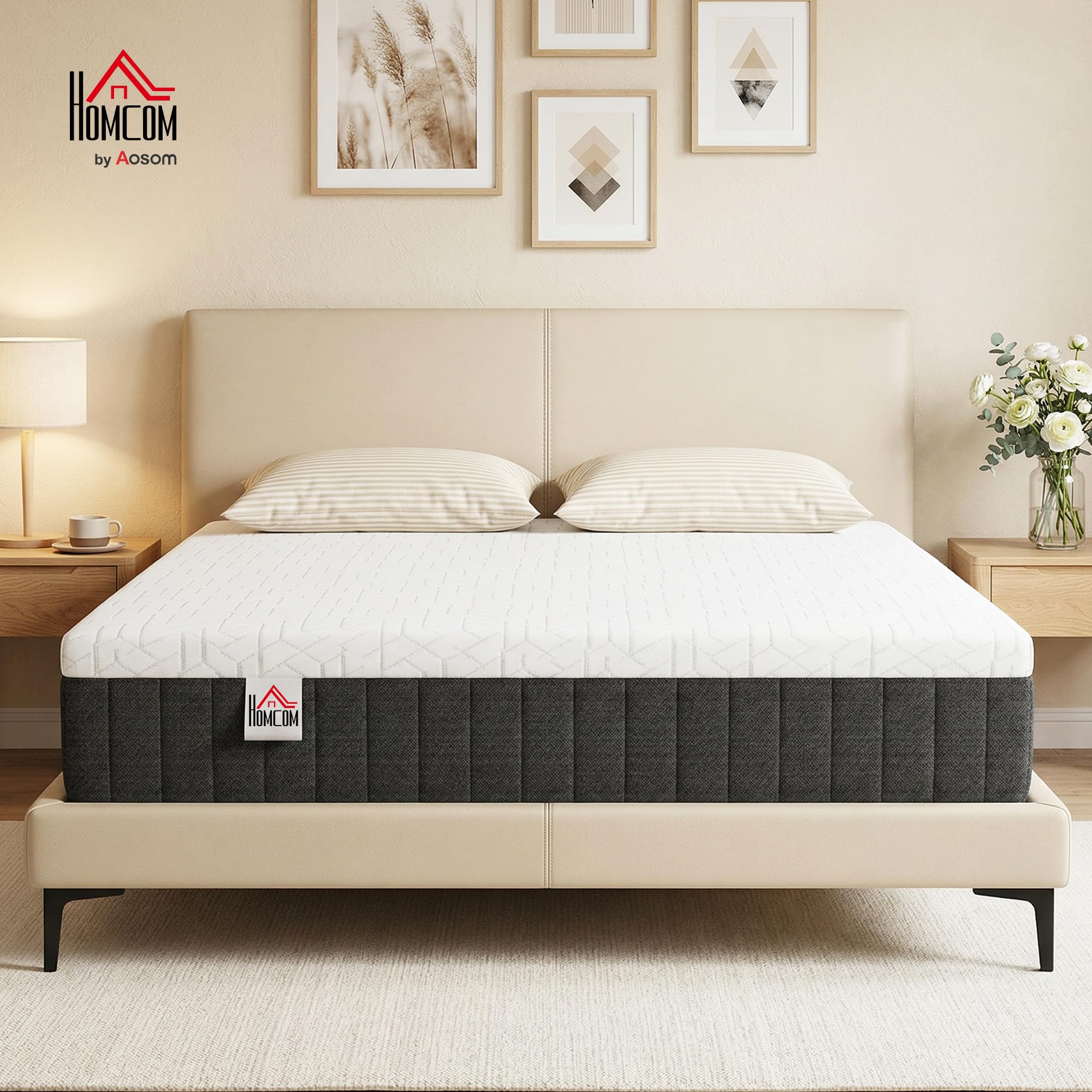 HOMCOM Colchón 190x135 cm, Grosor 25 cm, Colchón Viscoelástico | Muelles Ensacados de 7 Zonas, Firmeza Media, Funda Desmontable y Lavable, Certificado Oeko-Tex