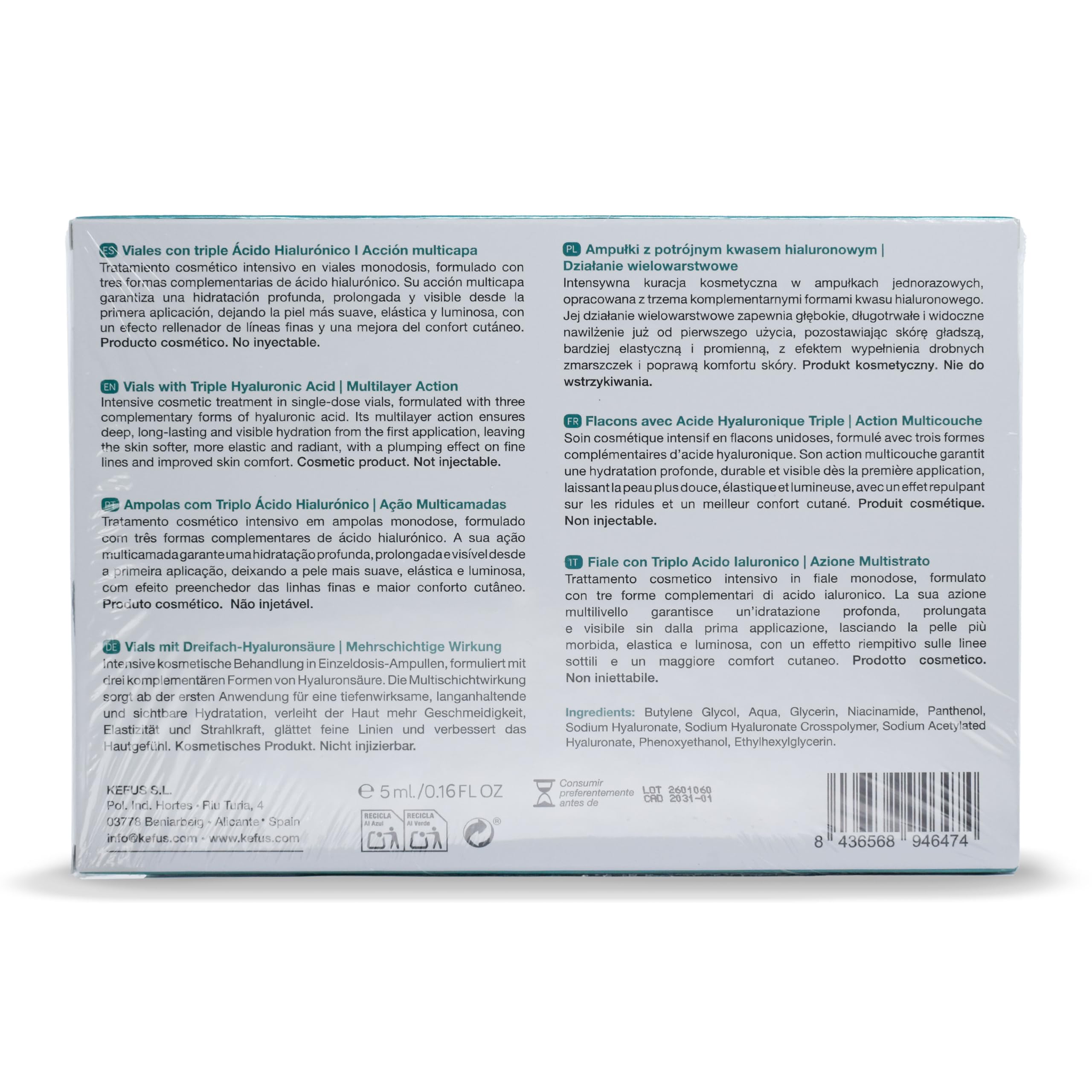 Kefus Viales Triple Ácido Hialurónico 30x5ml | Con Niacinamida y Pantenol | Efecto Relleno y Tensor | Antiedad | No Inyectable